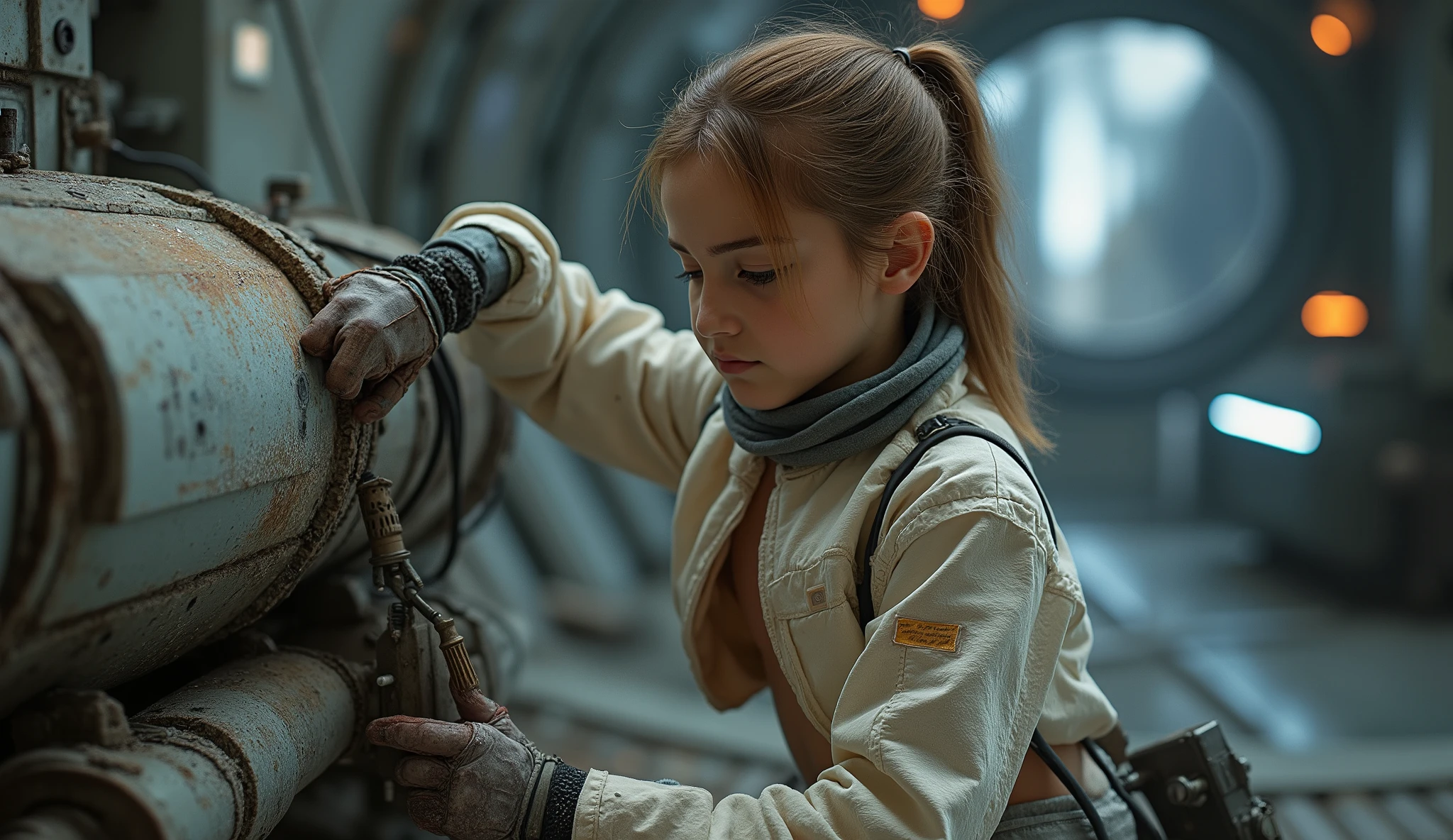 ainno,High-quality full-length photo of a ten-year-old girl, in the image of a space fleet engineer, in a tight-fitting, thin and elastic, smaller than the equipment needs, car made of super-thin high-tech material with transparent inserts all over the girl's body and elegant cuts, unbuttoned to the navel, with a belt with repair gadgets,erotically leaning over digs into a broken droid