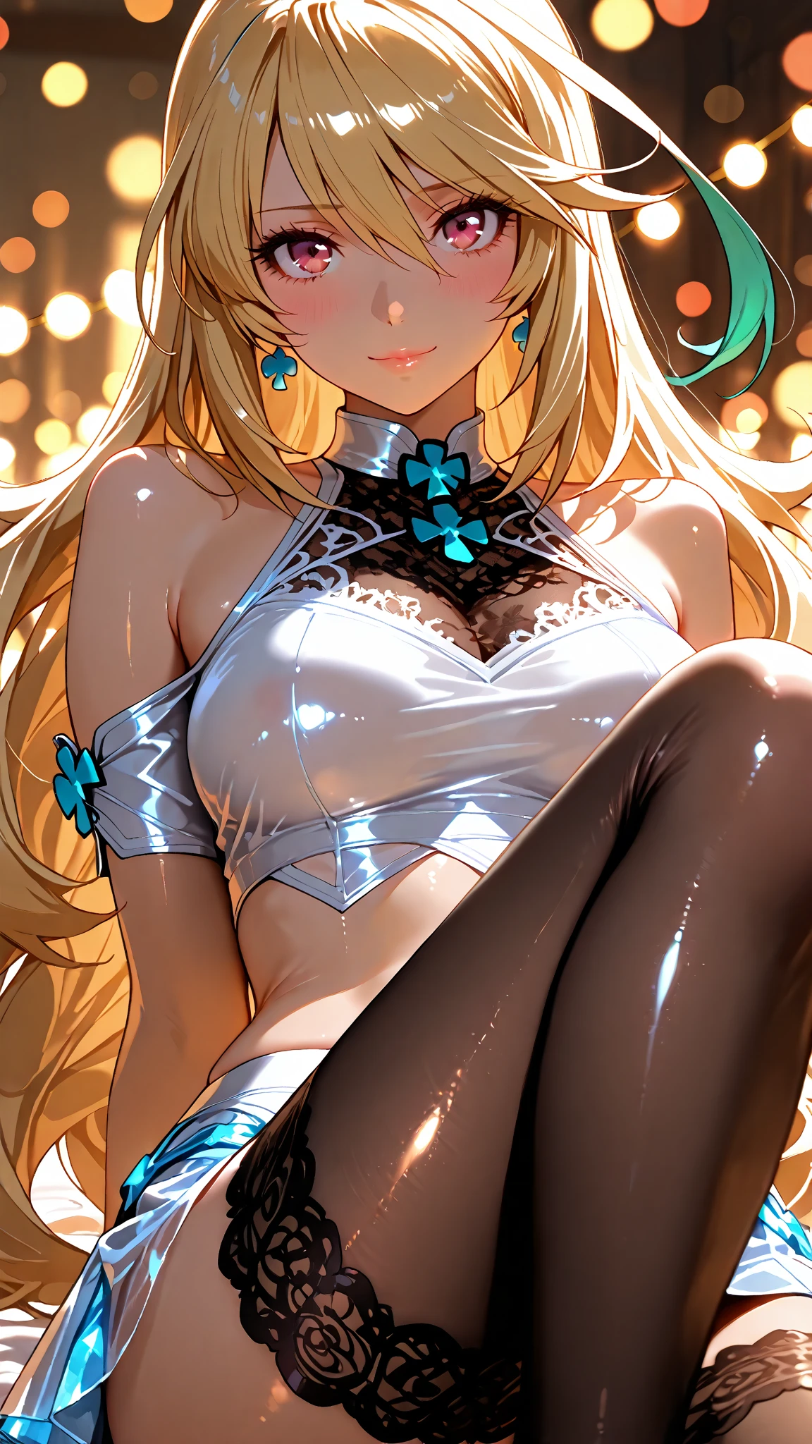 La elfa es muy hermosa su cuerpo es delgado y tonificado, su piel y su pelo es de color blanco con tonos oro, sus ojos son de color dorado con un brillo hermoso, su semblante es muy atractivo, su cabello corto pero bien peinado, Her legs are slim and toned and her hands look very delicate both physically and mentally..