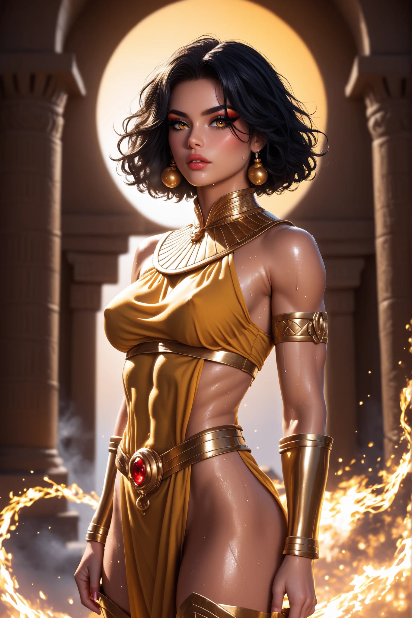 "A divine female Egyptian warrior stands alone on the battlefield, sweat glistening on her golden skin, glowing under the sun's heat. Her deep black hair, wild and adorned with golden beads, falls around her shoulders. Her golden eyes, glowing with supernatural intensity, captivate all who meet her gaze. 

Her golden tunic, short and form-fitting, is drenched with sweat, clinging to her powerful body, emphasizing her  curves and toned muscles. The intricate golden embroidery highlights her  waist and full bust, while the fabric clings to her, showing her undeniable beauty and strength.

Her long, toned legs are adorned with golden greaves, glimmering in the light as she moves with feline grace. Sweat trickles down her body, glowing like a goddess in the heat of battle. Her golden armlets shine with each flex, adding to her aura of power and sensuality.

A snake-shaped diadem rests on her head, signifying her divine lineage. Every inch of her body radiates raw power and , making her an irresistible force. The air around her feels thick with energy, as if every man in sight would be unable to tear their eyes away. She stands, poised and commanding, a perfect blend of danger and allure, a divine warrior that no one can ignore."