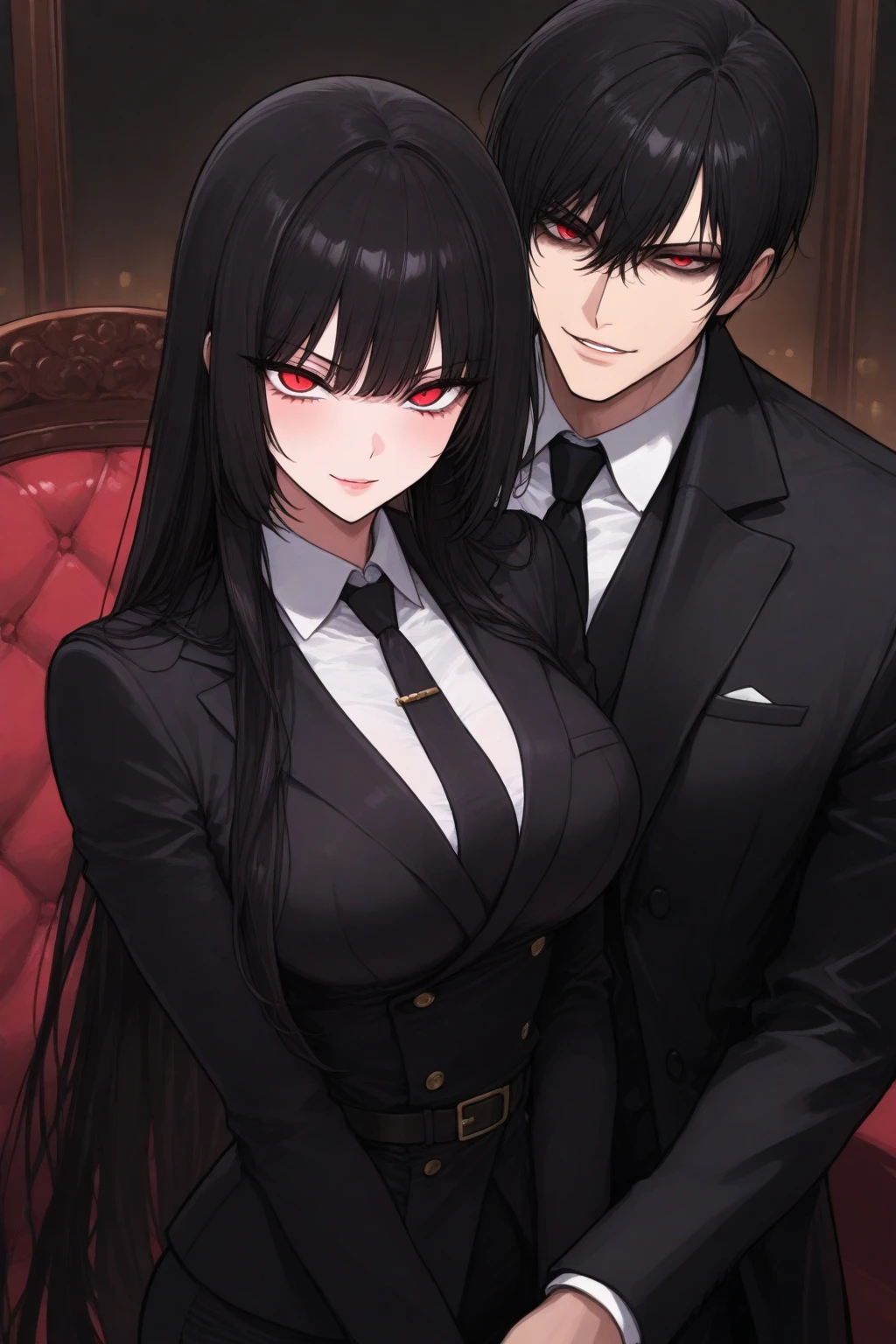 (absurdres, highres, ultra detailed) 1 man and 1 gril  standing together with his arms around her. ((The girl: is wearing a [((black sleeveless v neck dress))], breast, curves,  body, thick thighs, ((green eyes and long black hair)).)) ((The man: is wearing a ((white suit with a tie)), and has ((white hair and red eyes)))). ((Detailed Eyes)), anime style, sunset