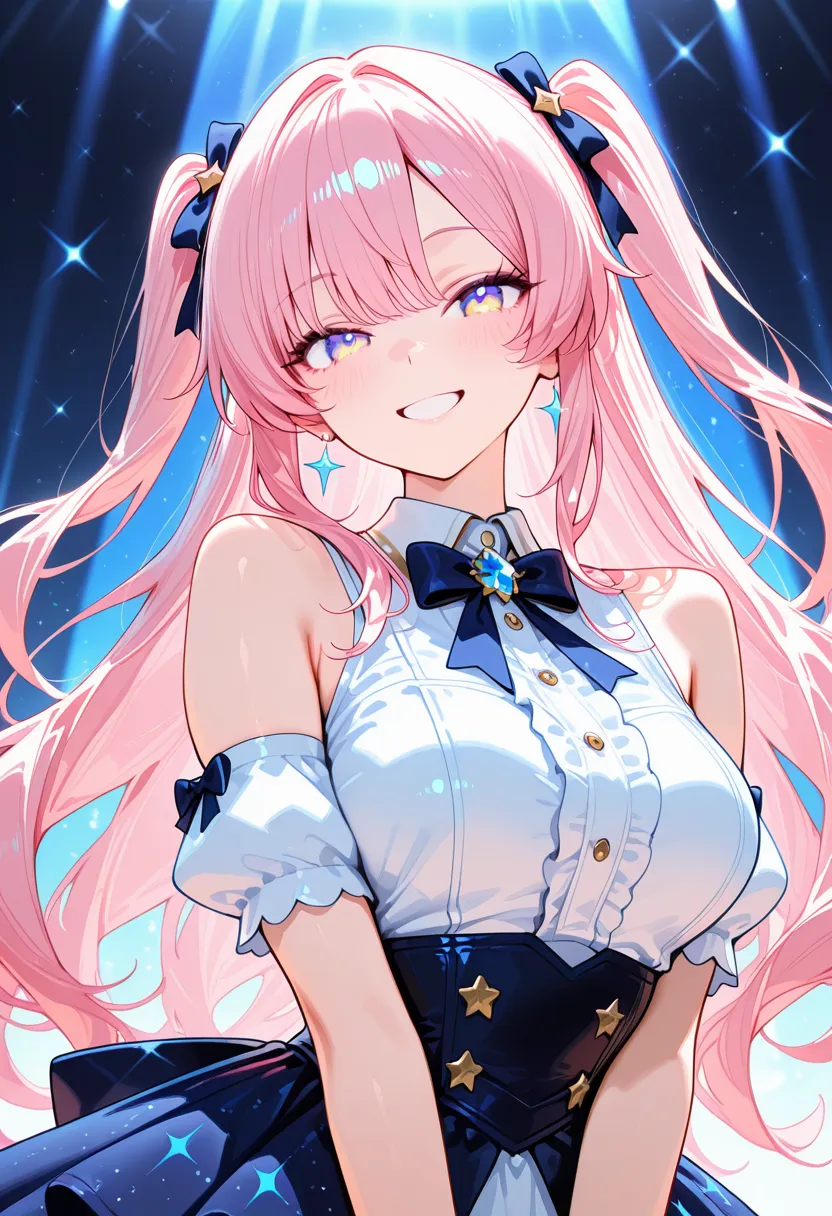 PonyXLV6_Scores blue eyes, pink hair, bangs, hair ornament, very long hair, shiny hair, star (symbol), earrings, , chocker, white jacket, puffy short sleeves, purple dress, wings, white gloves, (portrait shot, upper body),  smile, looking at viewer, indoorsâââ