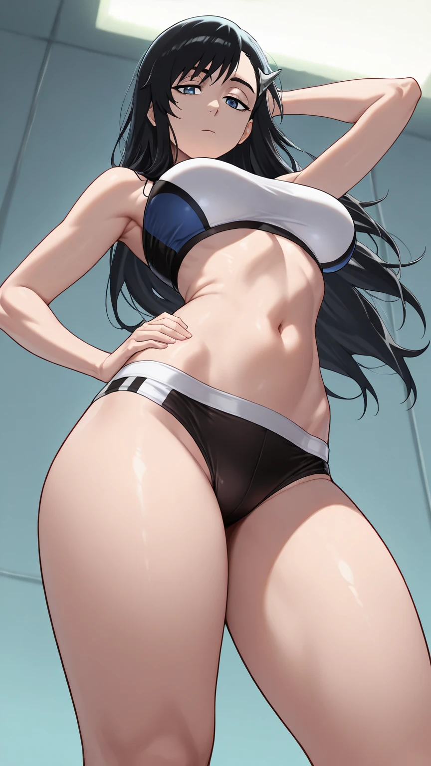 Imperial Guard Combat Uniform Swimsuit, o-ring ??????, v gundam, swimsuit, absurdres, highres, solo, cowboy shot, 1girl, neneka nibrou \(cosplay\), wristband, headphone, holster, backpack, holding gun, aiming, perfect hands, wind, (highres,best_quality,masterpiece), large ??????, ???????????, sae chabashira, long hair, (black hair:1.5), hair ornament, (brown eyes:1.3), ponytail, hairclip, mature