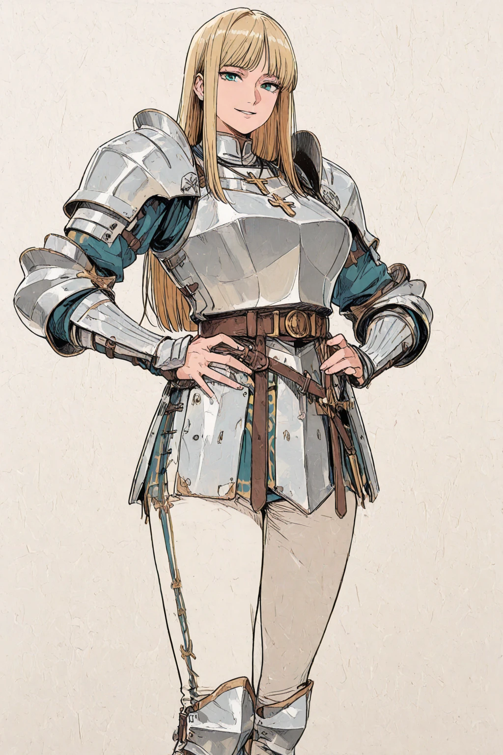 (1girl,20 years old,mature female,solo),tiger ears,long hair,(twin braids),orange hair,white knight armor,(white background,line drawing),black pantyhoses,happy,smile,from side, sitting,full body,