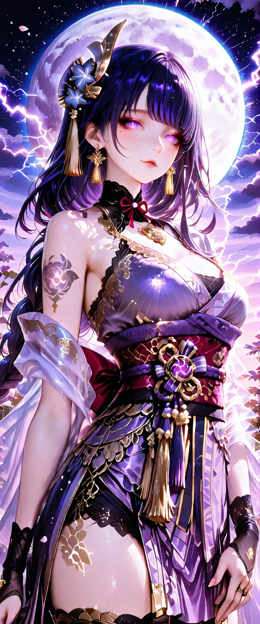 (masterpiece:1.3, highest quality:1.3, ultra detailed:1.3, semi-realism anime style),  
raiden shogun, purple kimono, gold trim, off shoulder, bridal gauntlets, black gloves, thighhighs, mole under eye, purple eyes, purple hair, single braid, hair ornament, tassel hair ornament, long hair, sidelocks,  
Chut Thai Dress, Sabai Shawl over right Shoulder, Shawl hanging straight down, Left Shoulder ,  arms, Sinh Skirt, Ornate Gold Thai Belt, Gold Thai headpiece, Gold Bangles, Gold earrings, Gold Necklace, Traditional Thailand Clothing,  
high definition eyes, detailed eyes, high gradient eyes, eyesHD,  
upper-body portrait of a beautiful anime woman with long flowing purple hair,  
wearing sheer purple Thai-style wrap skirt with golden embroidery,  
pose: turned slightly sideways, facing camera with  gaze,  
expression: flushed cheeks, lips slightly pursed, eyes wide with yandere intensity,  
visible golden Thai kanok tattoo across shoulder and lightning-shaped tattoo along waist,  
both hands holding traditional Japanese koto instrument,  
hair and fabric flowing gently in night breeze,  
background: moonlit lavender field with scattered purple sakura petals drifting in air,  
sky: glowing full moon with visible Milky Way arc,  
lighting: soft moonlight casting silver glow on skin and ornaments,  
atmosphere: sensual, mystical, emotionally rich, MILF, big 
style: Illustrius semi-realism anime  
Checkpoint: FlareDiffusion -  - v16 [SEMI REALISM/ANIME]  
aspect ratio: 2:3
