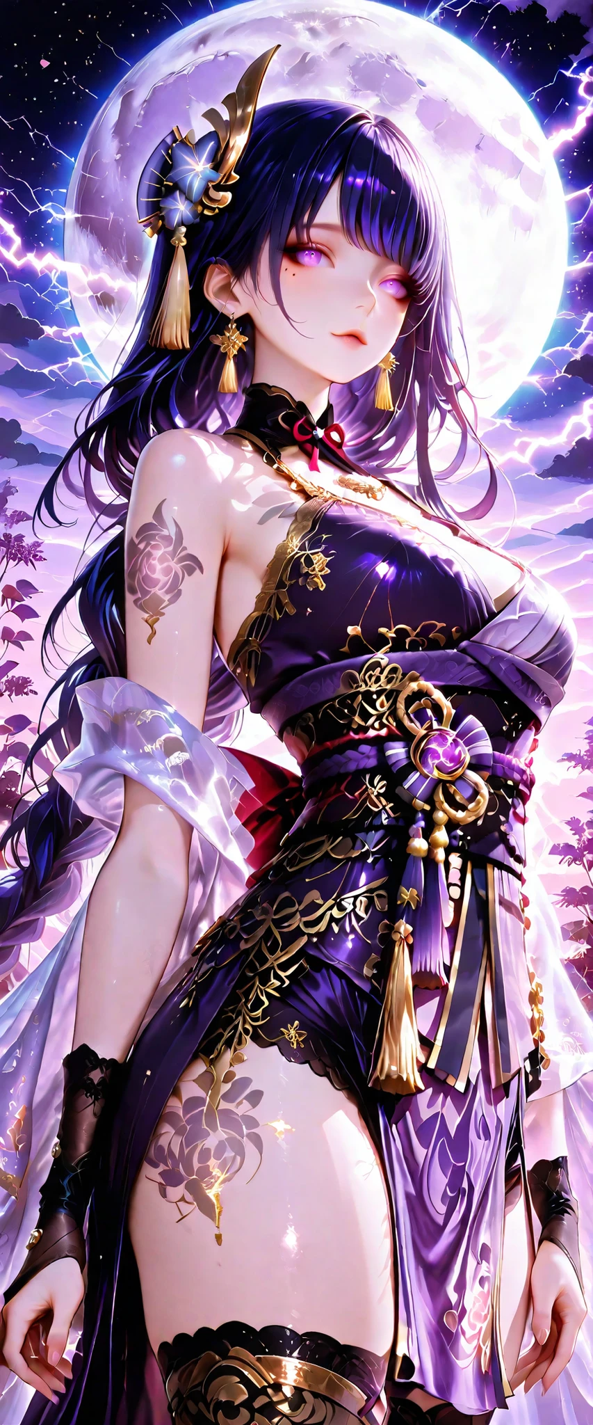 (masterpiece:1.3, highest quality:1.3, ultra detailed:1.3, semi-realism anime style),  
raiden shogun, purple kimono, gold trim, off shoulder, bridal gauntlets, black gloves, thighhighs, mole under eye, purple eyes, purple hair, single braid, hair ornament, tassel hair ornament, long hair, sidelocks,  
Chut Thai Dress, Sabai Shawl over right Shoulder, Shawl hanging straight down, Left Shoulder ,  arms, Sinh Skirt, Ornate Gold Thai Belt, Gold Thai headpiece, Gold Bangles, Gold earrings, Gold Necklace, Traditional Thailand Clothing,  
high definition eyes, detailed eyes, high gradient eyes, eyesHD,  
upper-body portrait of a beautiful anime woman with long flowing purple hair,  
wearing sheer purple Thai-style wrap skirt with golden embroidery,  
pose: turned slightly sideways, facing camera with  gaze,  
expression: flushed cheeks, lips slightly pursed, eyes wide with yandere intensity,  
visible golden Thai kanok tattoo across shoulder and lightning-shaped tattoo along waist,  
both hands holding traditional Japanese koto instrument,  
hair and fabric flowing gently in night breeze,  
background: moonlit lavender field with scattered purple sakura petals drifting in air,  
sky: glowing full moon with visible Milky Way arc,  
lighting: soft moonlight casting silver glow on skin and ornaments,  
atmosphere: sensual, mystical, emotionally rich, MILF, big 
style: Illustrius semi-realism anime  
Checkpoint: FlareDiffusion -  - v16 [SEMI REALISM/ANIME]  
aspect ratio: 2:3
