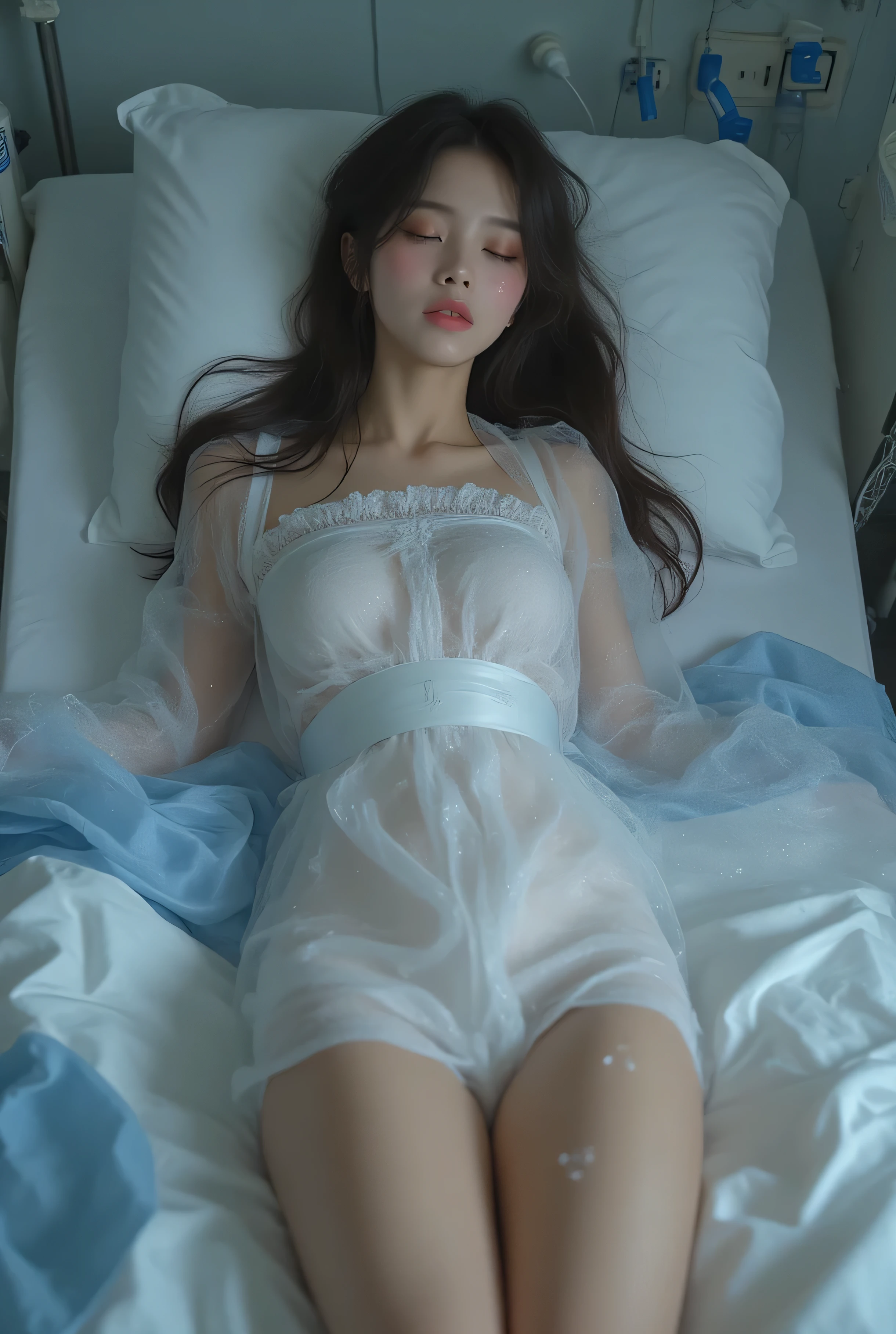 top quality、real、live-action、Hospital Story、Hospital room、Sexy Japanese nurse is teasing by two male patients with half closing eyes moaning Alluringly laying alluringly with her dress is open with showing shoulders and short dress with long stocking with legs spread apart widely showing fill view on pussy, beside her for two male patients smiling evil with hand holding up her hand and massage her vulva, she hot red cheek , leaning up, nipples erect pressing her bra up, hot body sweating heavily, dropping water