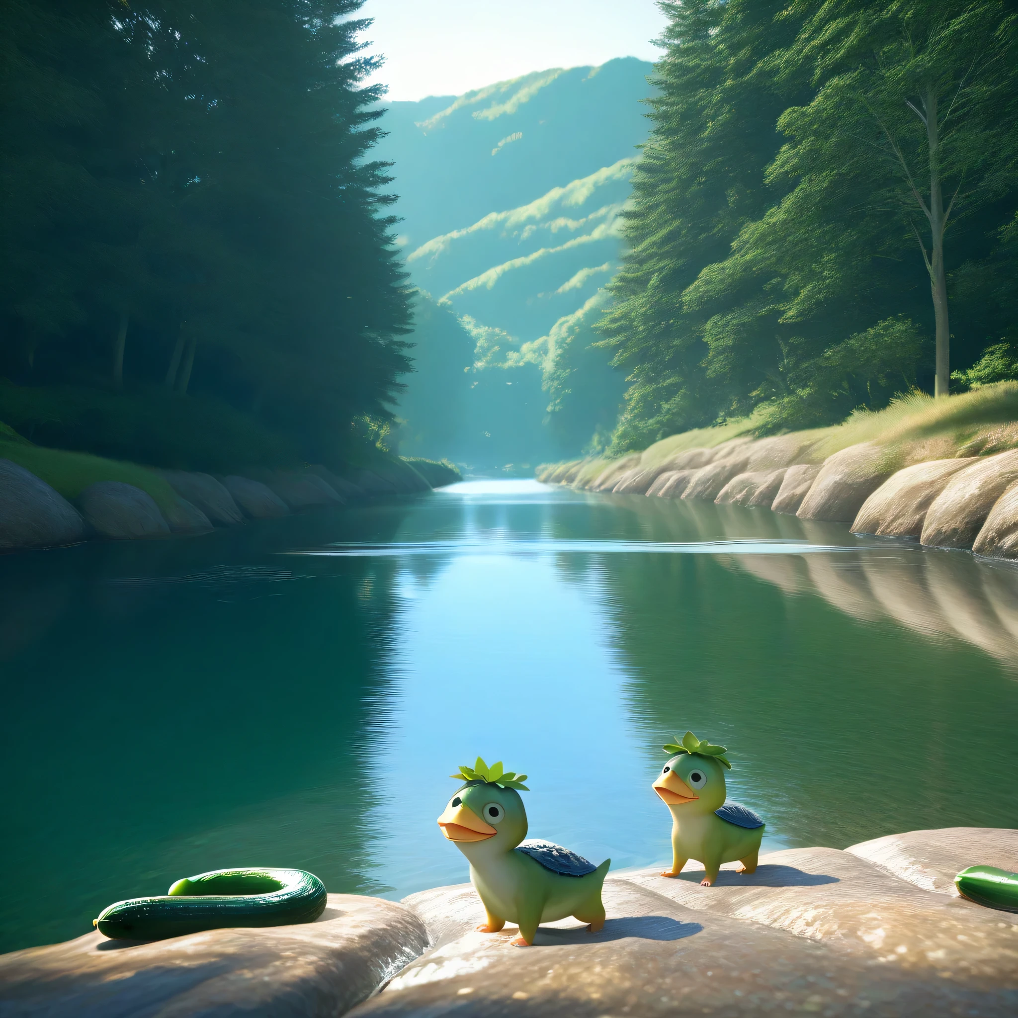  cucumber,cute,Kappa,nature,Quiet River,Clear water,Lush Scenery,warm light,relaxed atmosphere,realistic 3d rendering,Photorealistic,8k ultra high definition,HDR,professional,detail best,beautiful color,natureの祭典, will heal