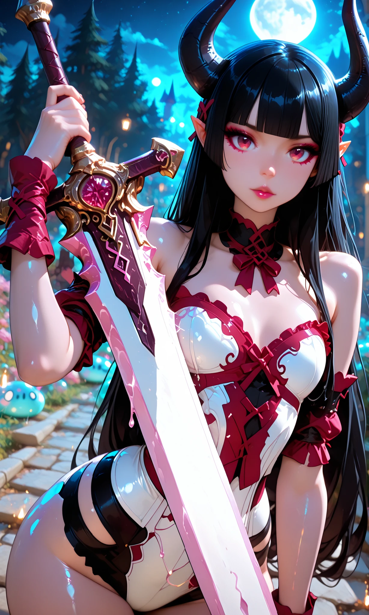 hime cut, long hair, blunt bangs, black hair, multicolored eyes, lips,Athletic build, tall figure, BIG BLAK HORNS, long ears, red eyes, tiefling girl, gloss skin, shiny skin, small breasts, runesword, holding a large luminous sword, fantasy world,pink skin, bare shoulders, detailed eyes, depth of field, subject focus, masterpiece, best quality, high quality, absurd, high definition,solo, long hair, blue eyes, eyeliner, makeup, lipstick, slime body, ethereal beauty,
luminous runic patterns, cwboy shot, looking at viewer, action pose, dynamic pose, dynamic angle,
outdoors, night, white moon, epic detalied