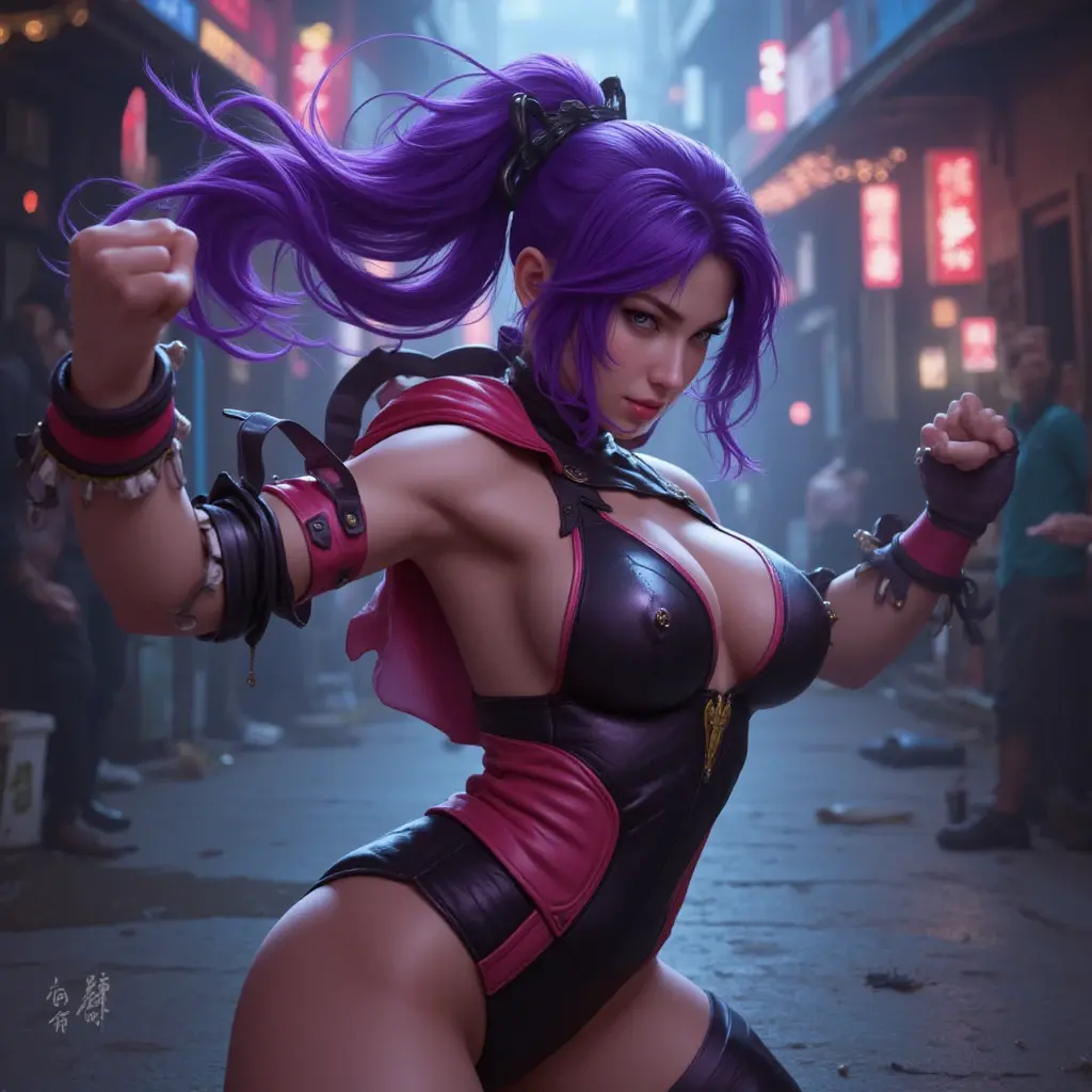 Chun-Li, once a fierce warrior, now a disturbingly transformed slave to the Joker's twisted whims. Her once vibrant skin has been eerily bleached to an unnatural alabaster white, a stark contrast to the clownish grin painted across her face. Her iconic blue qipao has been ripped away, replaced by a , tattered ensemble that accentuates her new, exaggerated  body. Her breasts are unnaturally enlarged and pushed up by a tight, neon-green corset, which is cinched so tightly it seems to defy the laws of physics. The corset's fabric matches the vivid color of her new pigtails, which are adorned with joker-themed bows that dangle playfully by her ears. Her  are similarly neon-green and so tiny that they  cover her fully  , which is adorned with a ring that matches the color scheme. The scene is set in a grimy, dimly lit room with a clown-themed backdrop, replete with macabre balloons and oversized playing cards scattered on the floor. The Joker stands behind her, his arms wrapped around her waist, his purple gloved hands resting on her hips as he leers over her shoulder, a twisted smile etched into his own grotesque visage. Chun-Li's expression is a mix of horror and submission, her eyes glazed over with a disturbing mix of fear and acceptance. Her once strong stance is now one of defeat, with her legs slightly apart and her wrists bound in front of her by thick, coiled chains, leaving her completely vulnerable to the Joker's depraved desires. The harsh lighting casts long shadows across the scene, highlighting the stark contrast between the purity of her white skin and the garish colors of her new attire. Her muscular legs, now shackled in high-heeled boots, are spread slightly apart, emphasizing her now-  and the leather collar around her neck, which is attached to a chain that the Joker holds in his free hand, symbolizing her complete subjugation to his will. The overall atmosphere is one of twisted power character desesign