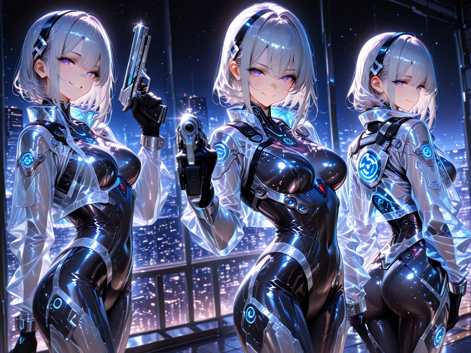 {{masterpiece}}, best quality, extremely detailed CG unity 8k wallpaper, cinematic lighting, lens flare, beautiful detail eyes, black,  side glance,  multicolor short white hair, colorful light, particles, heterochromia, (colorful:1.5), (colorful hair:1.5), show body goal, swimsuit, rooftop view, night,