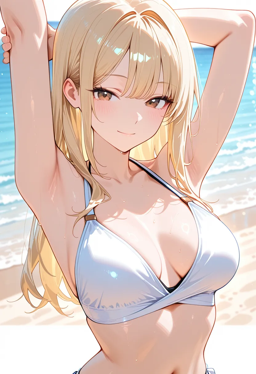 1 lady, 20 years old, blonde hair, long hair, wavy hair, light brown eyes, , 
BREAK (masterpiece), (high resolution 8K), cinematic lighting, professional lighting, detailed eyes and face, detailed body, 
A beautiful woman lounges on a sunbed by the poolside, soaking in the tropical ambiance. She’s wearing a bright, leaf-patterned , embodying the lush vibrancy of the surroundings. In her hand is a colorful fruit cocktail, complementing her swimwear. Her expression is relaxed and content, with a soft smile, enjoying the serene moment. The camera captures her from a low angle, emphasizing the leisurely pose and the sparkling pool in the background