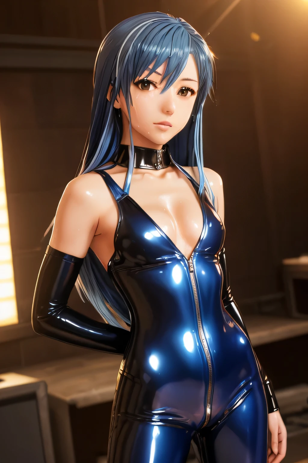  (masterpiece:1.3), (Best Quality:1.3), (Ultra-detailed:1.2), ((kawaii)), Cute, (lovely), ((sexy)), ((Extremely detailed)), 4K, (8K), Best Quality, (Beautiful), Illustration, anime style, (bold line:1.2), Gradation, looking at viewer, //, (bent down:1.1), (arms behind back), //, a cute girl, 1girl, (solo:1.2), gleaming skin, //, (flat chested), (Perfect eyes:1.2), (Perfect iris:1.2), //, darkblue hair color, (beautiful eyes) //, (half closed eyes:1.3), ( expression:1.2), Fascinated expression, smile, (blush:1.2), //, modern city background, on rock, twin tails, straight bangs, muscle girl, hard abs,  abs, NECKLACE, skirt, heavy armor suit, mecha musume, underboobs