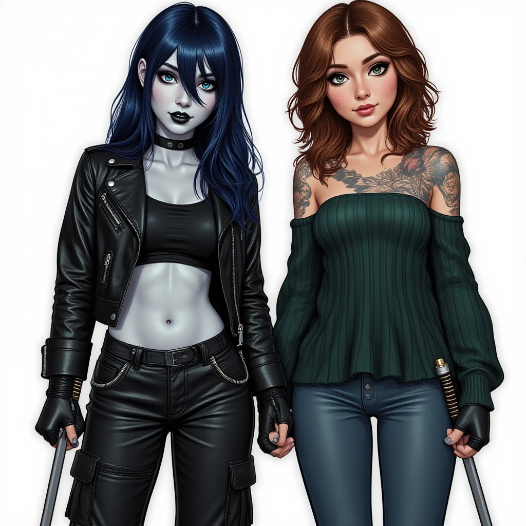 a woman with short black hair, cabelo nos ombros, wearing a red t-shirt and plaid skirt, blue colored eyes, zombie art, Gothic art, cute aesthetic with vibrancy, cartoon aesthetic, wearing red costume, using gothic accessories, looks like Cassie Hack, trunk, horror background