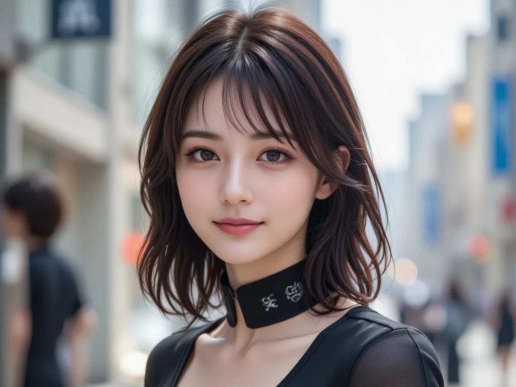 Close up portrait of woman in black top and black dress, Chin-length hair, Short hair, Short black hair, Medium short hair, Short black haircut, short～Medium Hair, Messy shoulder-length black hair, Brown short hair, Messy black bob hair, Japanese Model, Shoulder-length wavy hair, Short Wavy Hair, Wavy short hair