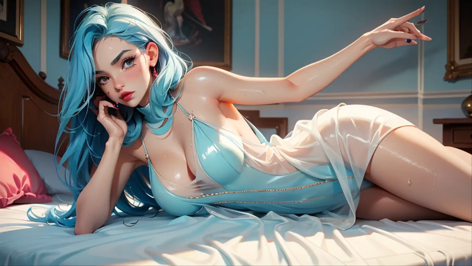 Best quality, Masterpiece, Portrait, Perfect , Femininity, Cool, Flawless, , Solo, Sexy, Stylish, Mature, Long light blue hair, Mole above lip, Red lipstick, Water drops, Sweat, Wet,  blue sexy dress, in the room against the background of a bed with a black blanket, shows a pink phone in his hands in the foreground