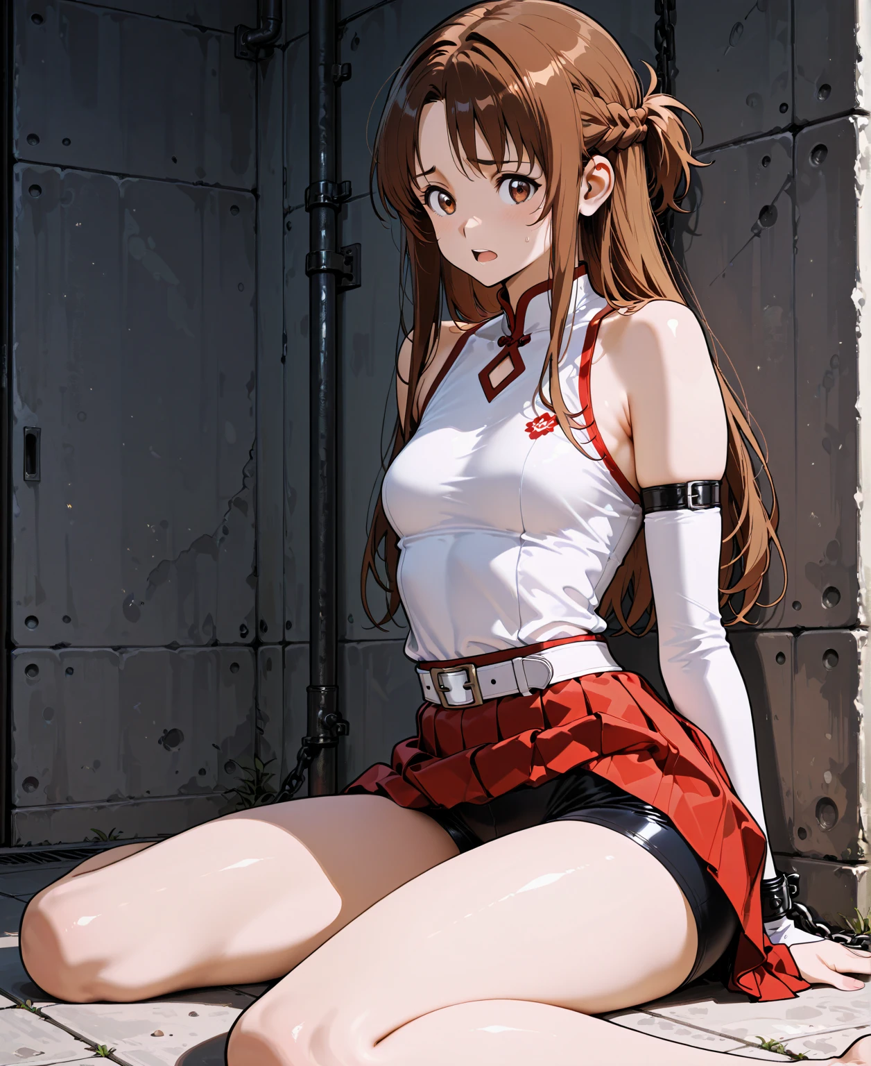 Five bodies to the ground, A Female robot exposes her inside mechanical organ. , , banzai pose. she wears . Her Brown short hair is tied with two big red clothespins, She lifts up the under hem of her white plain dress, leaning over, masterpiece, very short pigtails,brown hair, mature, android, blue eyes, full body figure, Height: 160cm, flushed cheeks, 2020s anime picture, A beautiful robot with short brown hair in two short pigtails held up by two very large huge red clothespins, Uplifting, No , whole body, barefoot, archaic smile, getting , 25 years old, sweat bucket. short sleeve shirt, pleated skirt, skirt lift, no , full body shot, sexy face. under shower, floating hair, looking away. She wears swim pants. She has broken hardly by enemy.