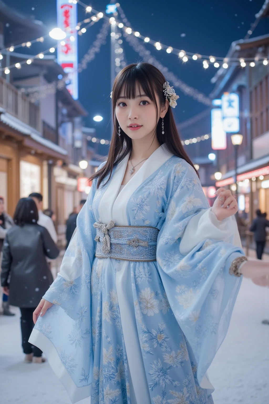 An elegant East Asian woman standing gracefully in a traditional kimono ...