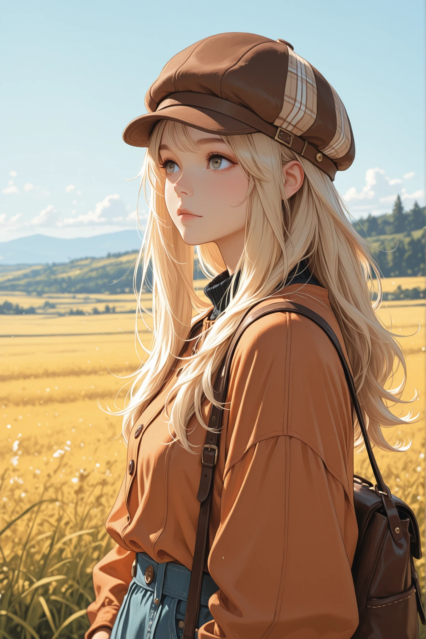 cabbie_hat, hat, 1girl, day, outdoors, sky, long_hair, solo