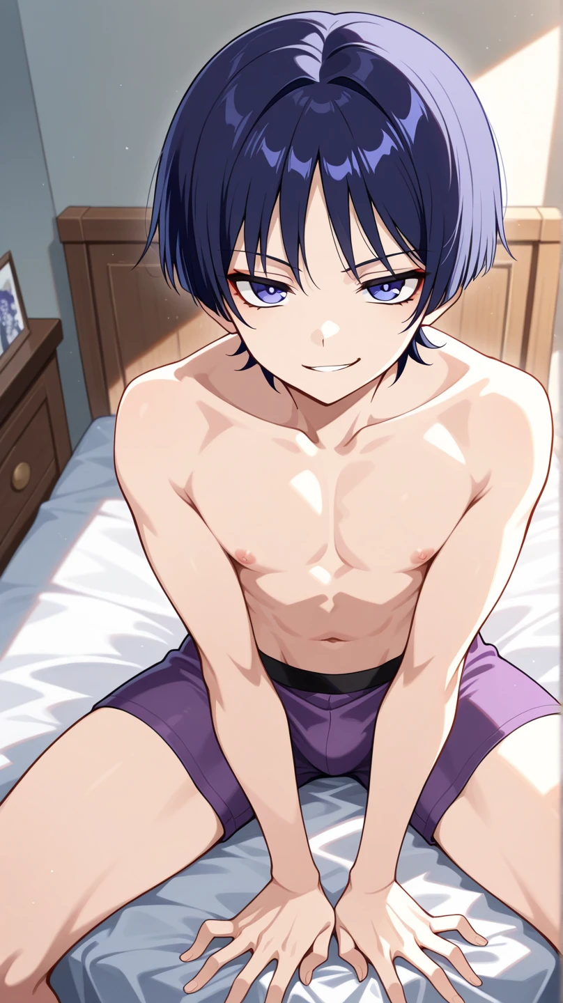 masterpiece, best quality, perfect lighting, illustration, very detailed eyes, depth of field, absurdres, 1boy, Boy, otoko no ko, sitting, on bed, ????, completely ????, , ????????, ???, , male ????????????