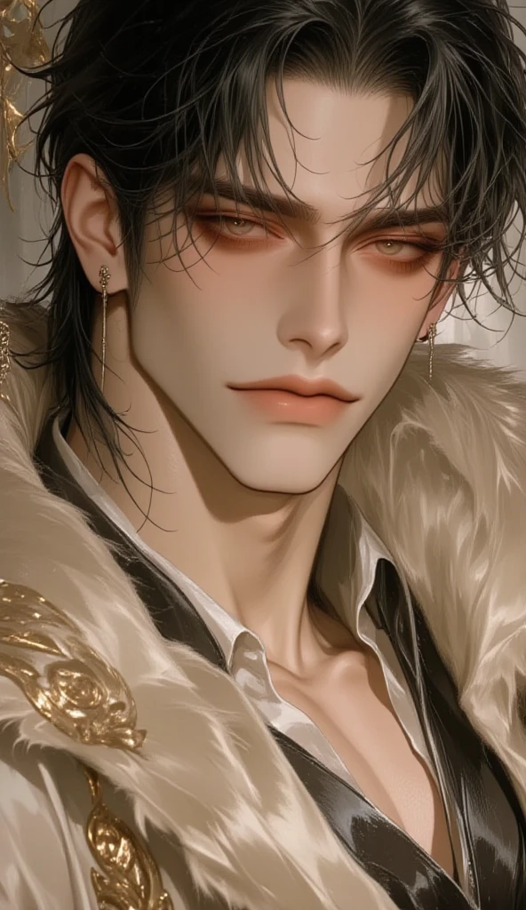 (masterpiece, best quality:1.2), (absurd res, high res, ultra detailed), 1 male, adult, handsome, tall muscular guy, broad shoulders, shiny black hair, finely detailed eyes, portrait, looking at viewer, solo, half shot, detailed background, detailed face, (gothic), high fantasy, Molten grey eyes, scar on right eyelid, smirk, look at camera, blouse, simple clothing, open chest, shirt unbuttoned