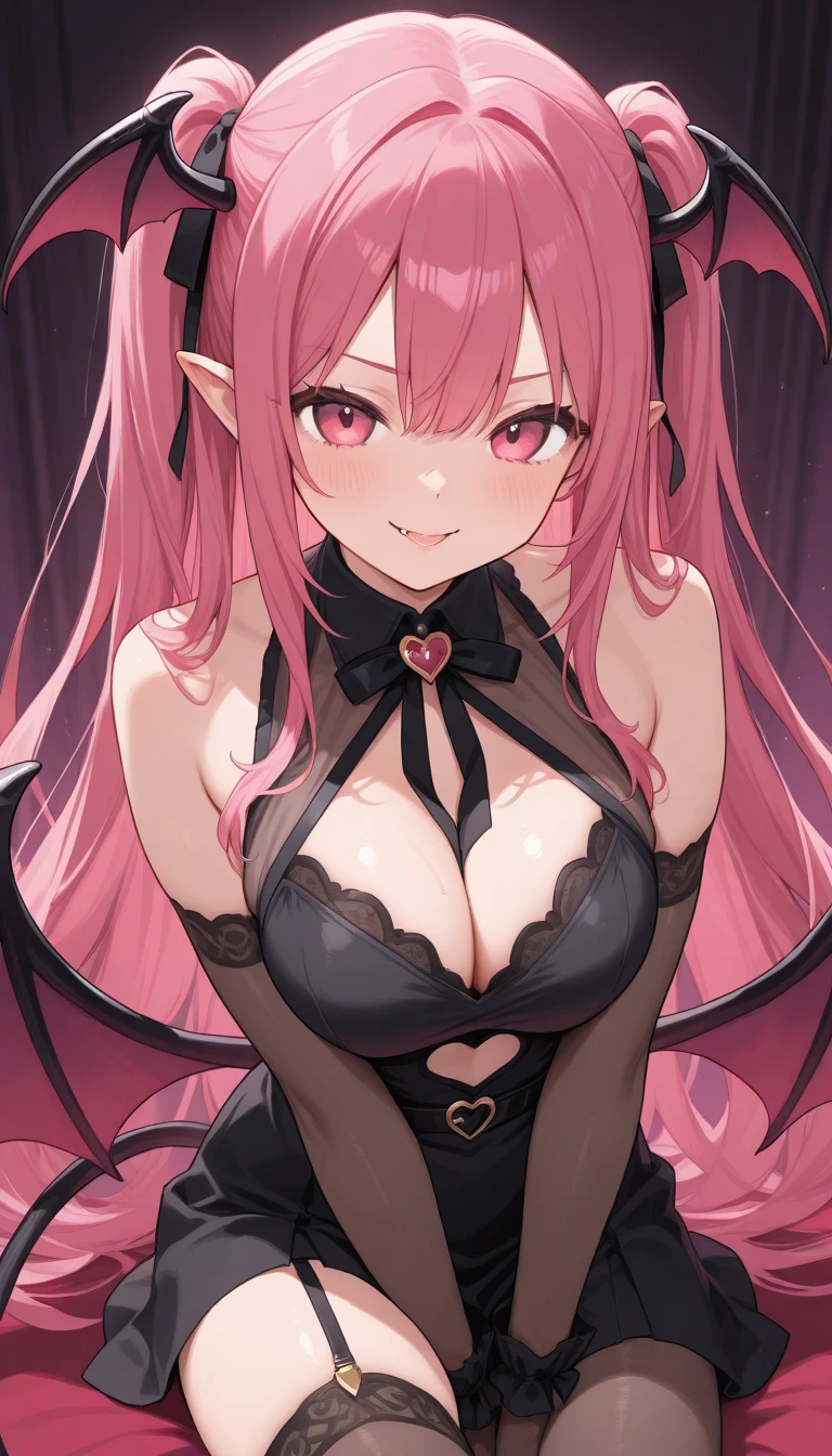 masterpiece, best quality,  1girl, grin, <lora:Duke-of-York-IL-take3-000010:1>   bare shoulders, black dress, cleavage, detached sleeves, fishnets, long hair, pink hair, pointy ears, red eyes, strapless dress, mature female, large breasts, lipstick