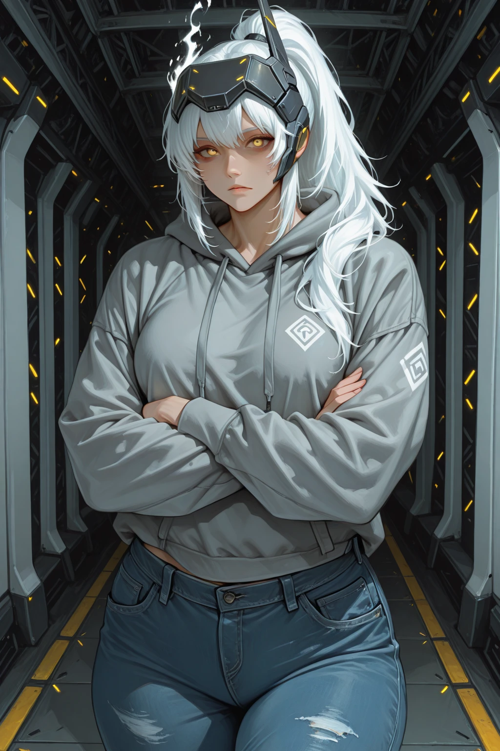 (masterpiece, 32k, 8k, white laboratory corridor setting, character walking towards the viewer) woman, 26 years old, naturally beautiful face, serious and empty expression, long blonde hair with pink highlights, tight black clothes in cyberpunk style, colored eyes different, one blue eye and the other gray eye
