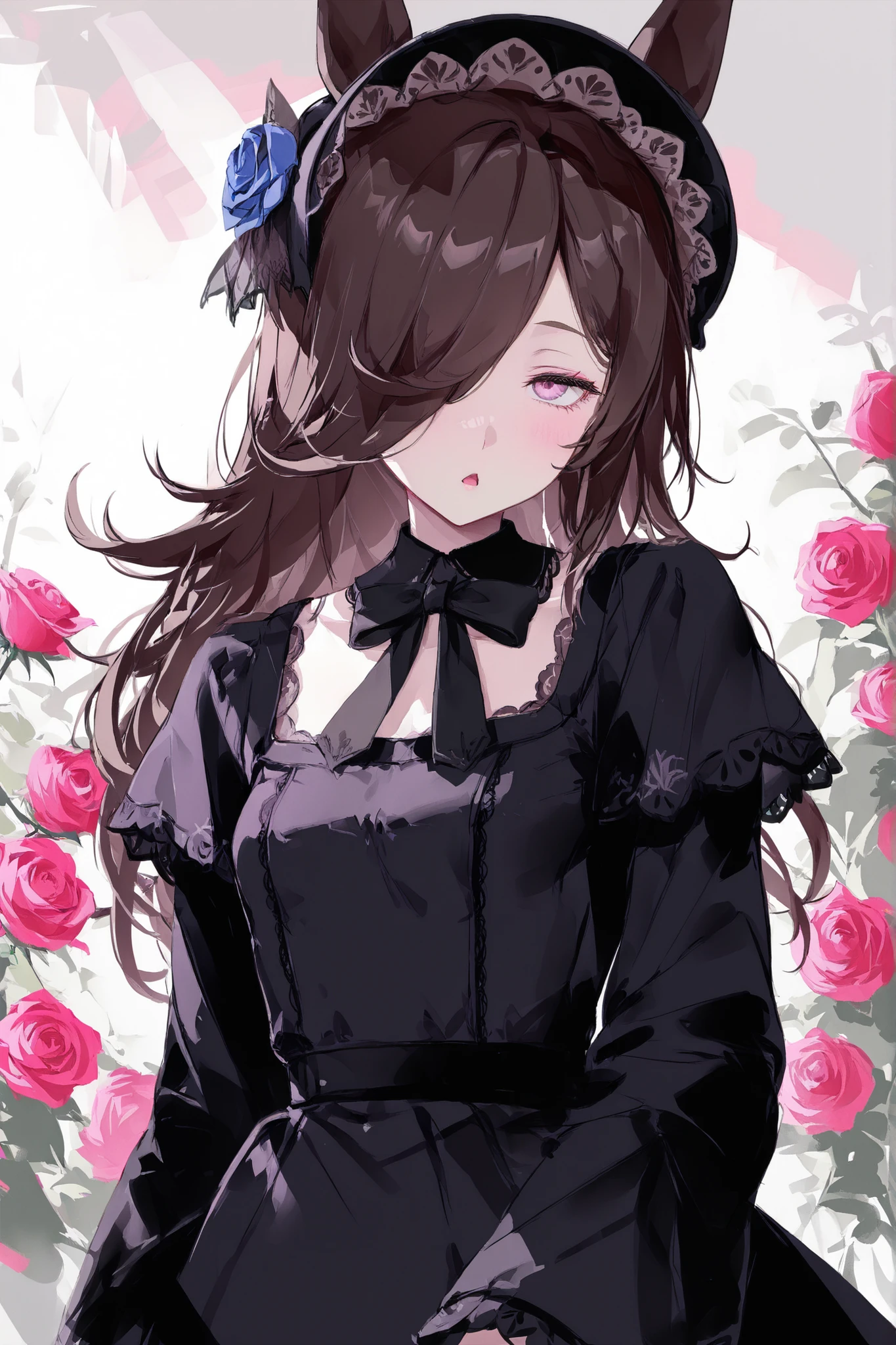 1girl,solo,rice shower (umamusume), (hair over one eye,official alternate hair),jitome,half closed eye,chestnut mouth, gothic lolita dress, frilly dress, bonnet, lace, pink and black,look at viewer,Rose garden,cute background,upper body
houkisei style, thin delicate lineart, soft gradient shading, hazy translucency, pastel cool-purple palette, glassy eyes, smooth pale skin, airy soft lighting, refined clarity,