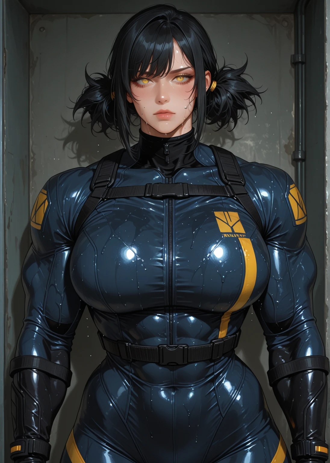massive breasts ((((muscular girl)))) toned body skinsuit long hair black hair yellow eyes pale skin sad frown expressionless