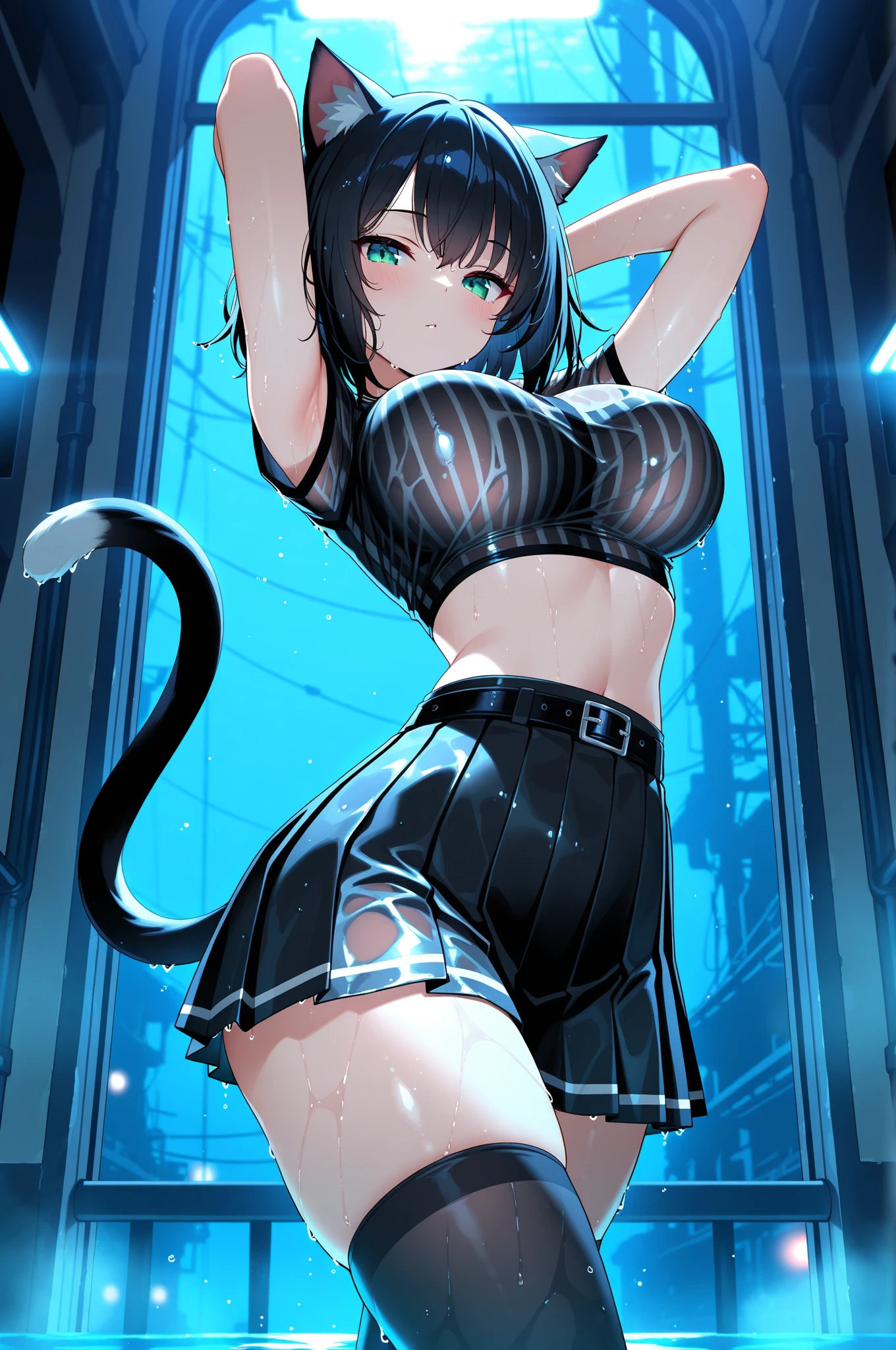 Anime Kawaii ???? Perfect Slim sensual body ?????????????? and beautiful thighs, An intricate and highly detailed illustration of anime Young 1girl, multicolored hair, (black hair:1.1 AND white hair:1.1), mullet, wolf, black gothic dress, detailed eyes, heterochromia, realistic, (best quality,4k,8k,highres,masterpiece:1.2),ultra-detailed,(anime ?????, ???? waifu ero anime:1.37),dark,moody,dramatic lighting,cinematic