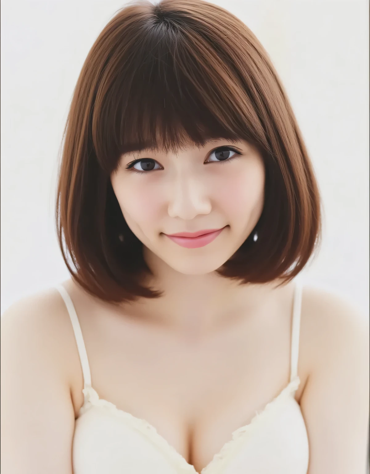 This image is of a young Asian woman, raw photo, real, ((staring)), ((focus on face)), ((close-up)), front view, smiling Japanese woman, ((brown hair color, medium-long hair, hairstyle)), ((ivory-white tank top)), beautiful collarbone, unedited, cowboy shot, live action, authentic, cute young girl, beautiful reflective eyes, beautifully detailed lips, very delicate eyes and face, long eyelashes, smiling, ivory-white background, natural light.