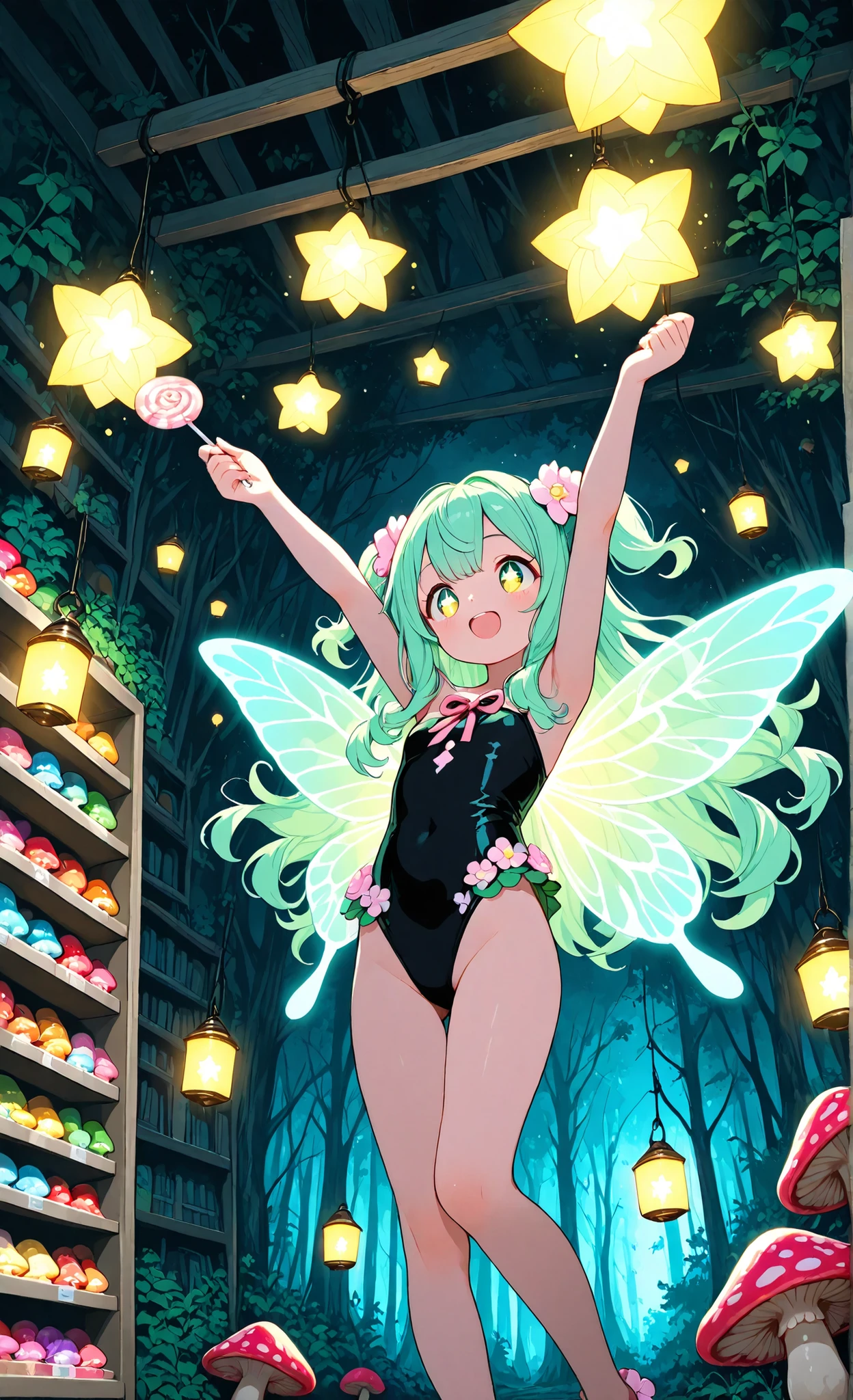 masterpiece, high quality, 8k wallpaper, illustration, anime style, Sweet Dream Rental Store, 1girl, cheerful pastel fairy clerk with soft, curly mint-green hair, sparkling golden eyes, tiny iridescent wings, wearing a black high leg leotard with flower motifs and ribbons, floating above sparkling shelves laden with glowing dream seeds and magical sweets, candy-colored mushrooms and lanterns hanging from the ceiling, she hands a lollipop that contains a perfect moment of happiness to a child, enchanted forest visible through glowing windows, whimsical, magical, ultra-cute setting