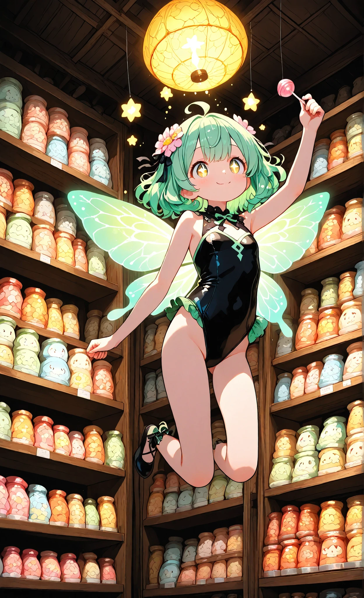 masterpiece, high quality, 8k wallpaper, illustration, anime style, Sweet Dream Rental Store, 1girl, cheerful pastel fairy clerk with soft, curly mint-green hair, sparkling golden eyes, tiny iridescent wings, wearing a black high leg leotard with flower motifs and ribbons, floating above sparkling shelves laden with glowing dream seeds and magical sweets, candy-colored mushrooms and lanterns hanging from the ceiling, she hands a lollipop that contains a perfect moment of happiness to a child, enchanted forest visible through glowing windows, whimsical, magical, ultra-cute setting、sprawled out,spread myself