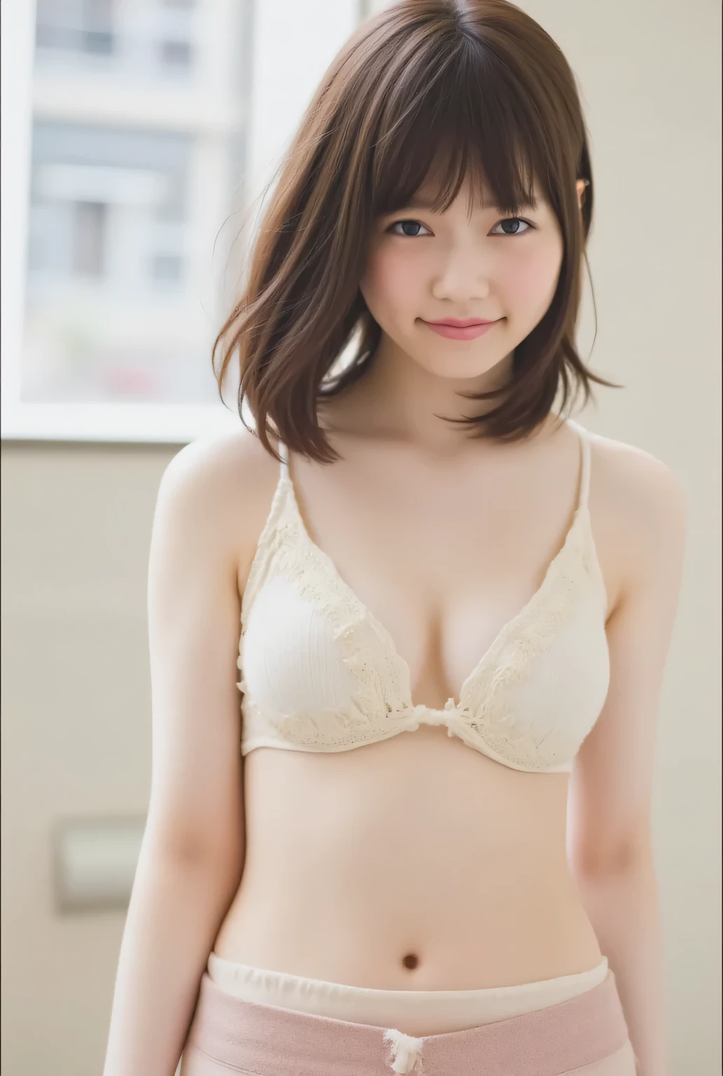 This image is of a young Asian woman, raw photo, real, ((staring)), ((focus on face)), ((close-up)), front view, smiling Japanese woman, ((brown hair color, medium-long hair, hairstyle)), ((ivory-white tank top)), beautiful collarbone, unedited, cowboy shot, live action, authentic, cute young girl, beautiful reflective eyes, beautifully detailed lips, very delicate eyes and face, long eyelashes, smiling, ivory-white background, natural light.