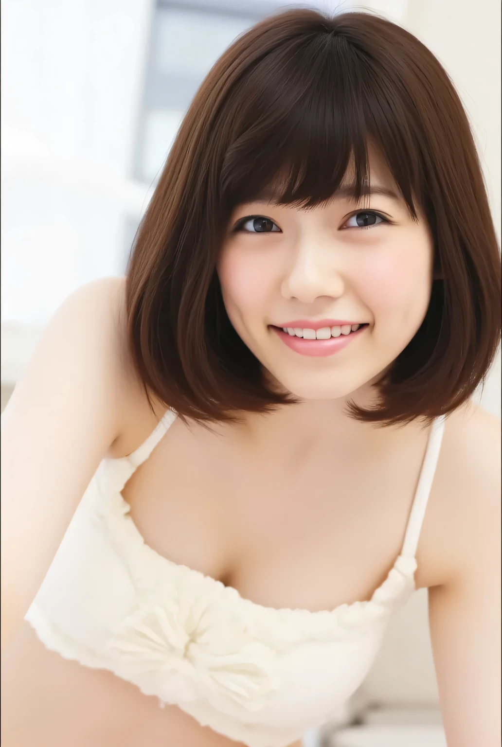 This image is of a young Asian woman, raw photo, real, ((staring)), ((focus on face)), ((close-up)), front view, smiling Japanese woman, ((brown hair color, medium-long hair, hairstyle)), ((ivory-white tank top)), beautiful collarbone, unedited, cowboy shot, live action, authentic, cute young girl, beautiful reflective eyes, beautifully detailed lips, very delicate eyes and face, long eyelashes, smiling, ivory-white background, natural light.