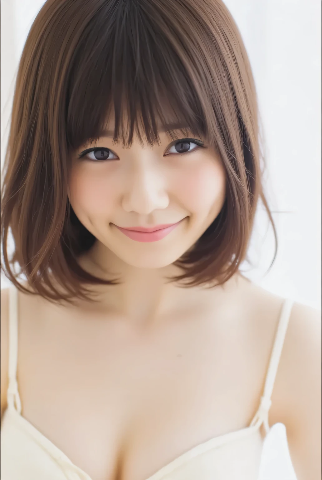 This image is of a young Asian woman, raw photo, real, ((staring)), ((focus on face)), ((close-up)), front view, smiling Japanese woman, ((brown hair color, medium-long hair, hairstyle)), ((ivory-white tank top)), beautiful collarbone, unedited, cowboy shot, live action, authentic, cute young girl, beautiful reflective eyes, beautifully detailed lips, very delicate eyes and face, long eyelashes, smiling, ivory-white background, natural light.