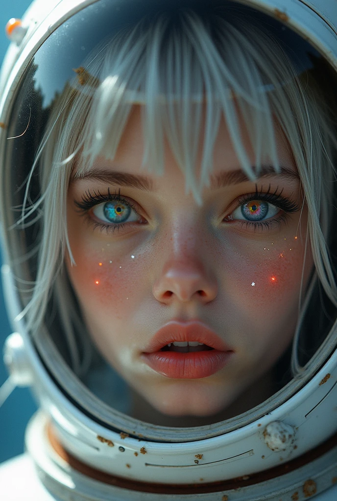(close up of an excellent masterpiece:1.5)0.9] (Space and astronauts:1.2) (disheveled silver hair:1.1)(Unusual pupils(tan and blue eyes):1.2)(space helmet:1.0) (colorful stars in the eyes:1.0)(Shining brilliance:1.1)(thick lip:0.9)