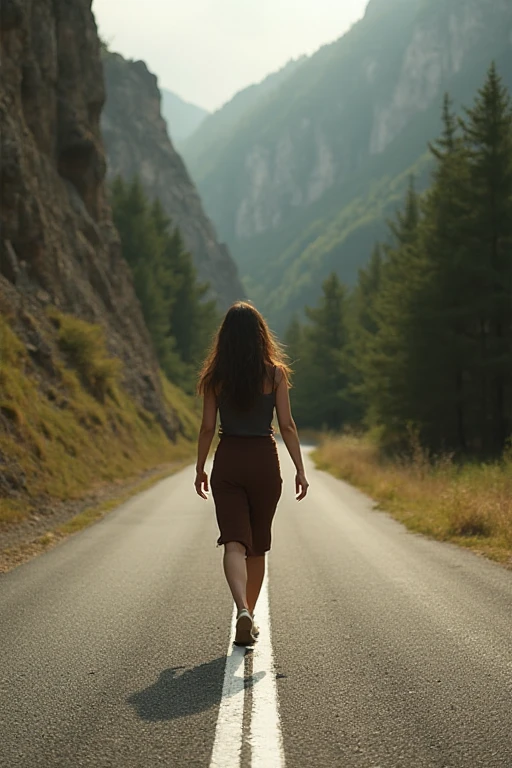 women photos back view of woman Short sleeve t-shirt Black lace  in a dense forest with tall trees. Mysterious, scary, faint mist