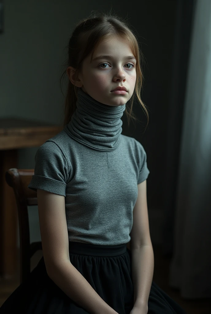 18 yo  red haired girl. Detailed laboratory background. Frowning. Basement . Black  