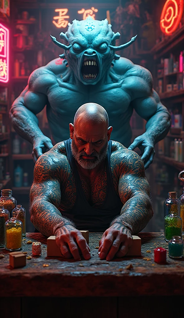 A huge muscular old man, detailed wrinkles, detailed veins, detailed muscles, soap bubbles, bath, shower, lots of bubbles, mist, (best quality,4k,8k,highres,masterpiece:1.2),ultra-detailed,(realistic,photorealistic,photo-realistic:1.37),dramatic lighting,chiaroscuro,atmospheric,moody,cinematic