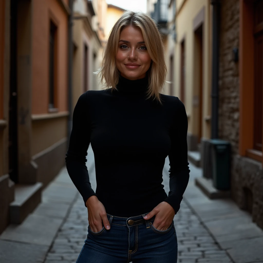 photo of a skinny blonde teen  wife, bob style hair, She wears: (turtleneck high ribbed bright tight sweater:1.1),   pose, high tight ribbed neck,  smile, perfect fake tits, turtleneck top