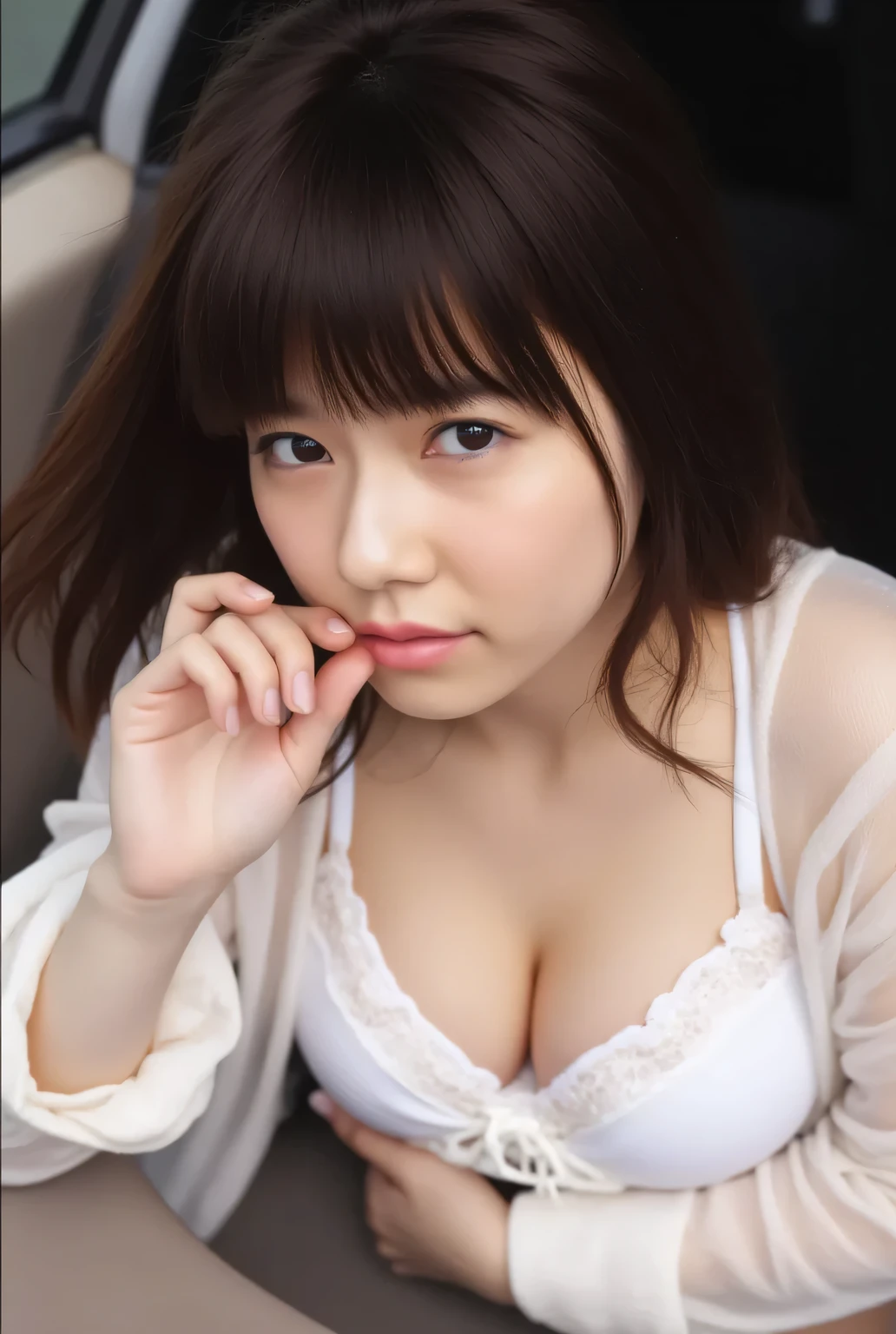 (full body shot:1) Picture のようなリアルな画像の (Lying Pose:1) Woman, super real, Picture , long hair, Woman, 24 years old, body shape in the shape of a watch , perfect body, big boobs、big boobs、Frivolous look, natural , Blurry Background, she is lying in the back seat of the car , She's Wearing White Lace Lingerie, long eyelashes on the head, Cat Eye Makeup, pose, Sensual Poses You'll Want to Put in Your Mouth, Poses, In the parking lot, Late Night, Wet Window , Window Glass Condensation, she is removing her bra strap