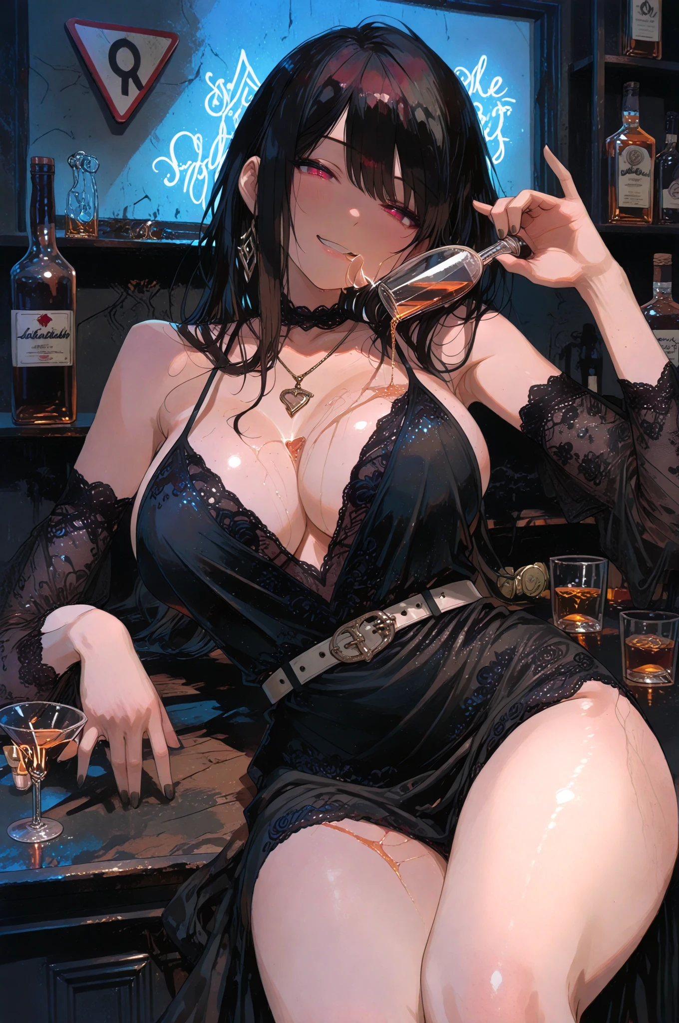 ((masterpiece, Highest quality, Very detailed)), anime CG, 
, 
One girl, 20 years old, full makeup, black hair, bob cut, swept bangs, BREAK ((black eyes)), droopy eyes, thick thighs, , looking at viewer, 

 BREAK looking at viewer, cowboy shot, 
evil smile, ((open mouth)), ((tongue out)), 

random  pose, 

BREAK ((black heart pasties)),((black heart maebari)), 

BREAK girls bar with red lighting, a bewitching atmosphere, a spacious girls bar with a high ceiling, a bar counter, counter chairs, rows of liquor bottles, faint light,