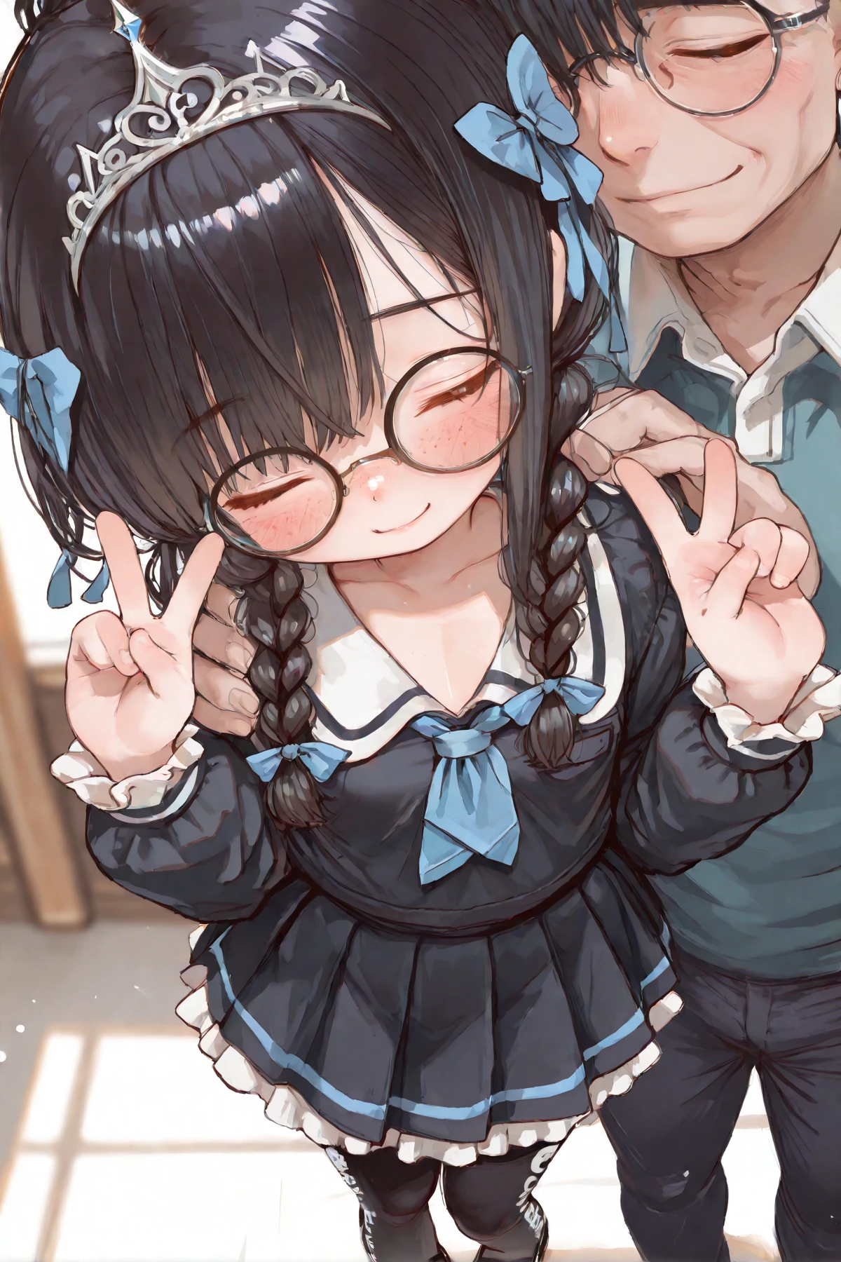 1girl, 1boy, bronya zaychik, long hair, brown hair, hetero, grey hair, blush, grey eyes, pantyhose, heart, shirt, ponytail, bangs, long sleeves, ahoge, vest, hair between eyes, grey shirt, open mouth, symbol shaped pupils, heart shaped pupils, hug, speech bubble, ((medium quality)), ((medium quality))
