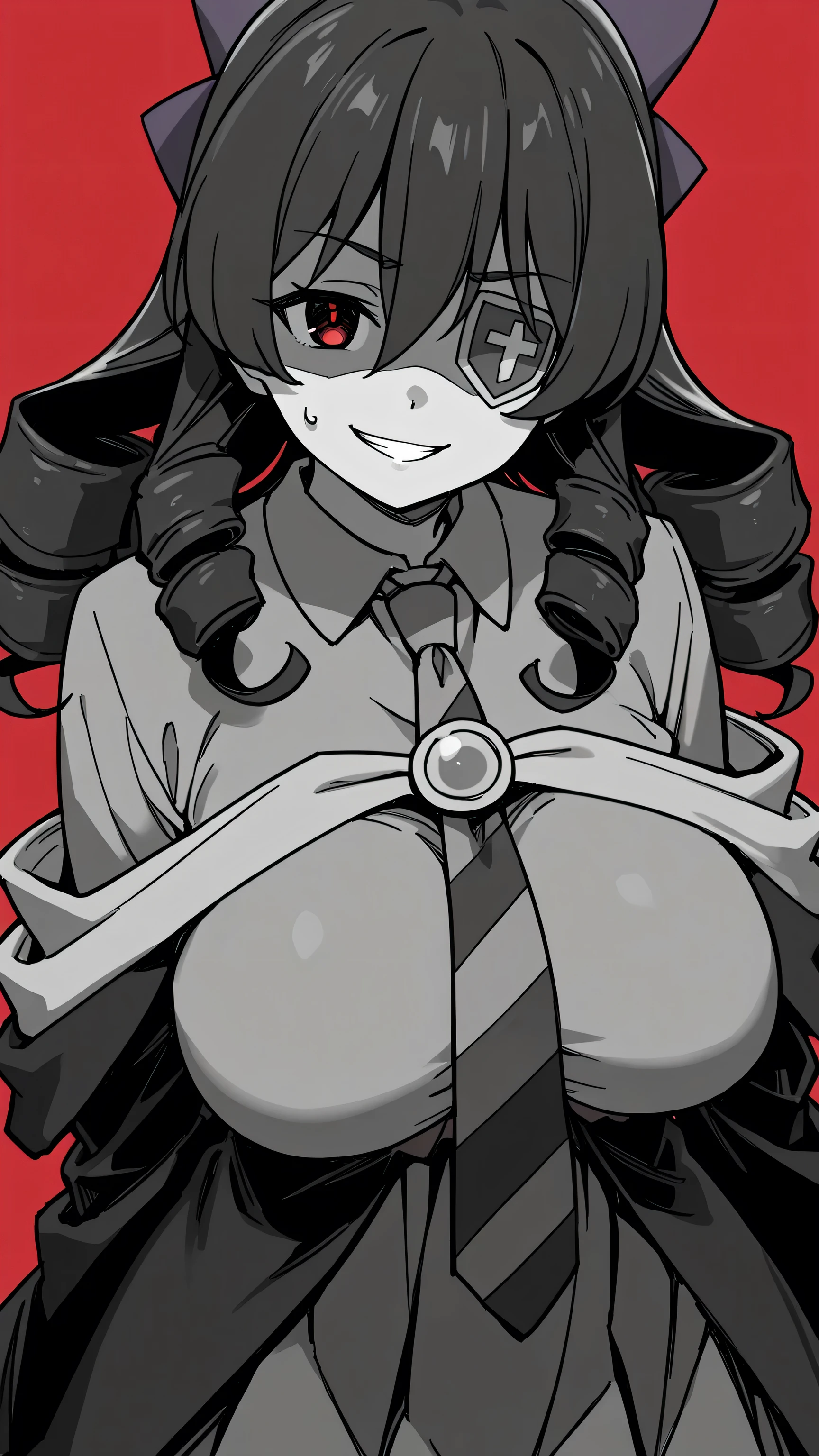 Give your images flat even illumination (negative) or dramatic chiaroscuro lighting (positive),,I sweat,) huge breast ,1girl, , solo, smile, , , , red_background, upper_body, looking_at_viewer, grin, , monochrome, breasts, , shaded_face, ,, bangs, evil_smile,Arue-Liver020, arue /(konosuba/), arue (konosuba),
1girl, solo, red eyes, hair between eyes, hair ornament, long hair, bow, black hair, drill hair, sidelocks, bangs, purple bow, hair bow, hair ribbon, large breasts, breasts, big breasts, huge breasts, eye patch, eyepatch,
striped necktie, black coat, wide sleeves,  skirt, pleated skirt,  shirt,  school uniform, cowboy shot, black sleeves,  blouse, tie, coat down, costume, 1girl, , solo, smile, , , , red_background, upper_body, looking_at_viewer, grin, , monochrome, breasts, , shaded_face, ,, bangs, evil_smile,Black and white,