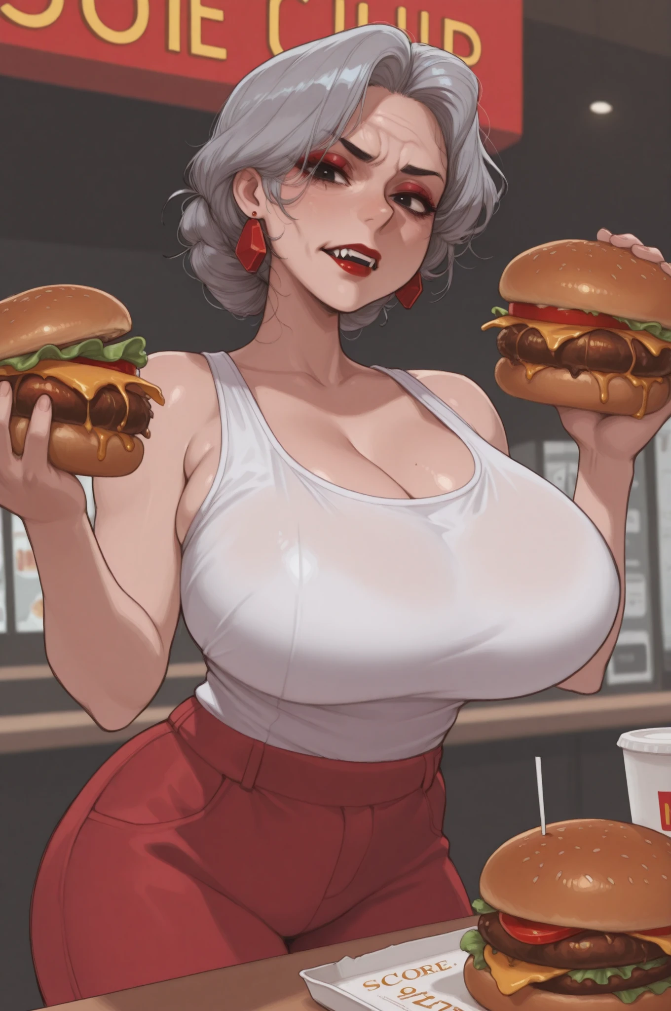 uploaded e621, score_9, score_8_up, score_7_up, score_6_up, score_5_up, score_4_up, rating_safe, smooth, source_furry, {realistic}, Milfs, a one woman, ??????? big, ?????????????????, ??????? huge, Mature female, heavy ???????, short hair, silver-haired, light-skinned female, orange eyes, big-???, Curvilinear waist, ??????? resting on the table, with chin resting on hand, shoulders resting on the table, , Looking at Viewer, bra edges on sweater, sensual cleavage, Holding a bra of your own, full ???????, ??????? larger than the head, mature face, curvy female, thick-thighs, voluptuous female, full body shot shot, black belt, delicate gloves, bra strap appearing, soft ????, female focus, Mom's ???????, mommy,  being one, charming countenance, Imposing female, high waisted jeans, Short shirt, teasing with your ???????, sitting at a restaurant table, a date, First-person view, in front of the suitor, Silly smile, hearts over the head, plates with food on the table, candle lighting, in an elegant restaurant, glass of wine on the side, sitting in front of the viewer