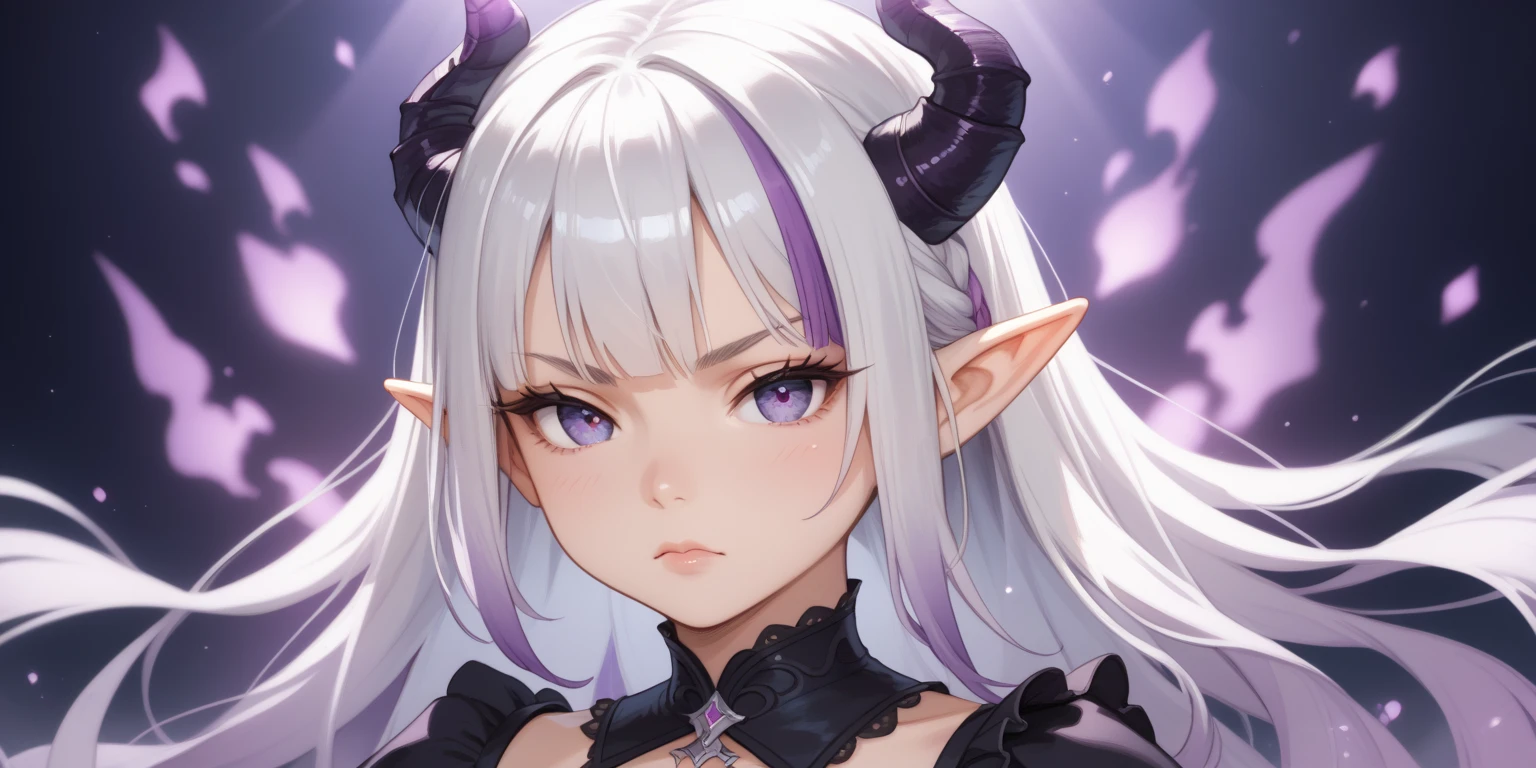 (masterpiece, best quality:1.2), 1girl, solo, Sonata, dragon girl with horns vampire and nimb, purple hair