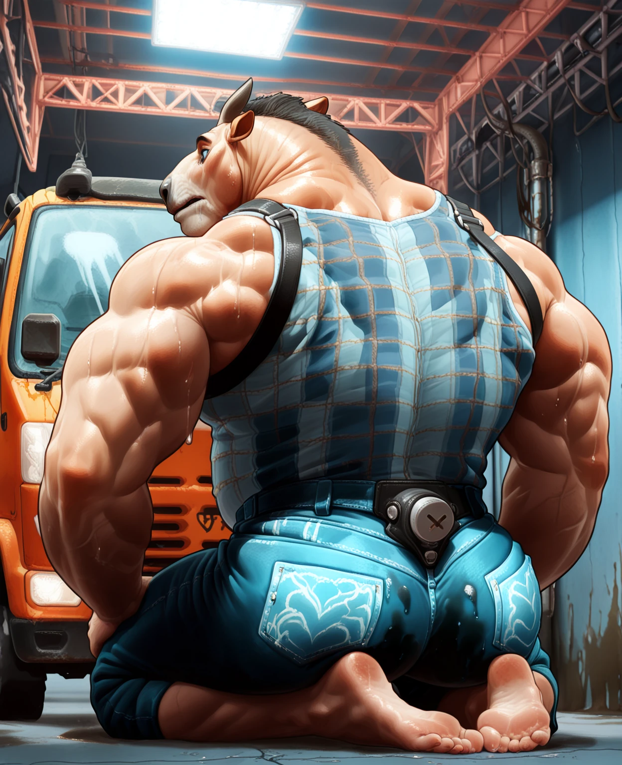 Male character design, detailed full body concept art, detailed character art, full character design, character model sheet submission, detailed character design, full body character design, ((Character design sheet, same character, forehead, side, back)) Character design, horse man, overly muscular, bulging veins, sexy expression, blue eyes, furry, huge biceps,  back, wearing .