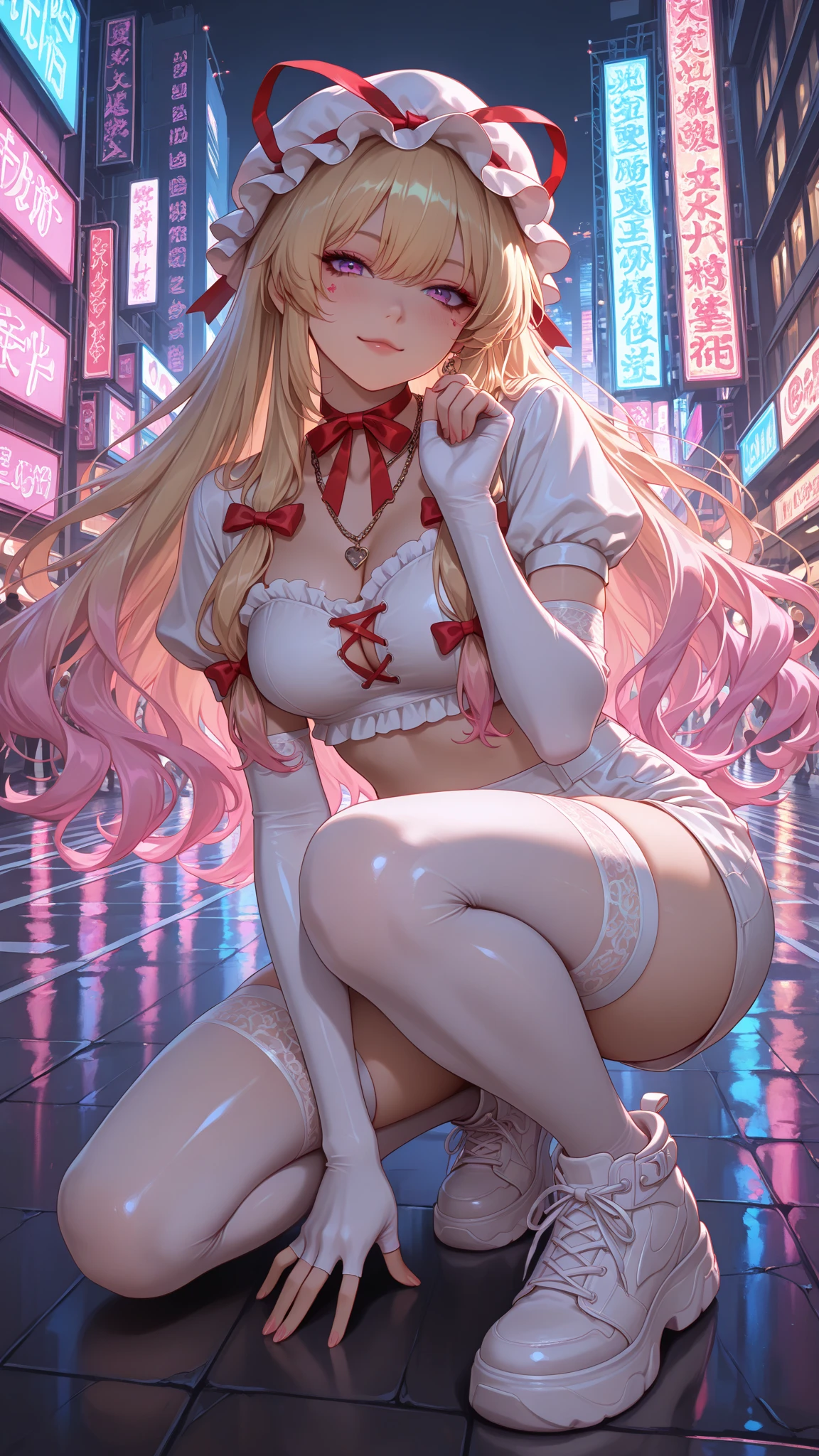 highly detailed skin, highly detailed face, (beautiful detailed eyes, the girl smiles, red cheeks), (a girl is walking), The girl is cute 18 years old, ((no panties, Cute, thin pubic hair)), (Not wearing a bra, small , cute ), ((light pink heeled shoes)), the girl is slender, White blouse with ribbon, Short white skirt, ((white tights)), cute hair ornament, Chestnut hair with up, small white beret, beautiful earrings, Bustling city, ((Photographed from the front so that the girl's whole body is included)),
