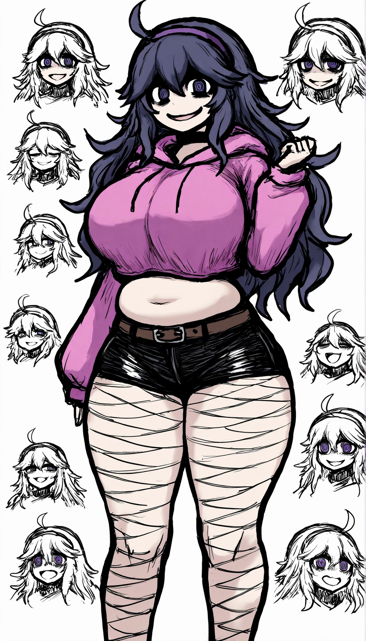 masterpiece, best quality, 1girl, curvy body, wide hips, thick thighs, choker, jewelry, short hair, pink hair,huge breasts, hex maniac, hairband,potbelly, messy hair, purple eyes, purple hair, purple hairband, @ @, standing, (smug), (open mouth), (pink hoodie jumper), (cropped hoodie), black shorts, leather belt, fishnet tights, tight clothes, fishnets, shorts, thighs, solo, hoodie, thighs, looking at viewer, very long sleeves,midriff, smile,sketch drawing,monochrome,white background, expressions, reference sheet, multiple views, character sheet,black souls style
