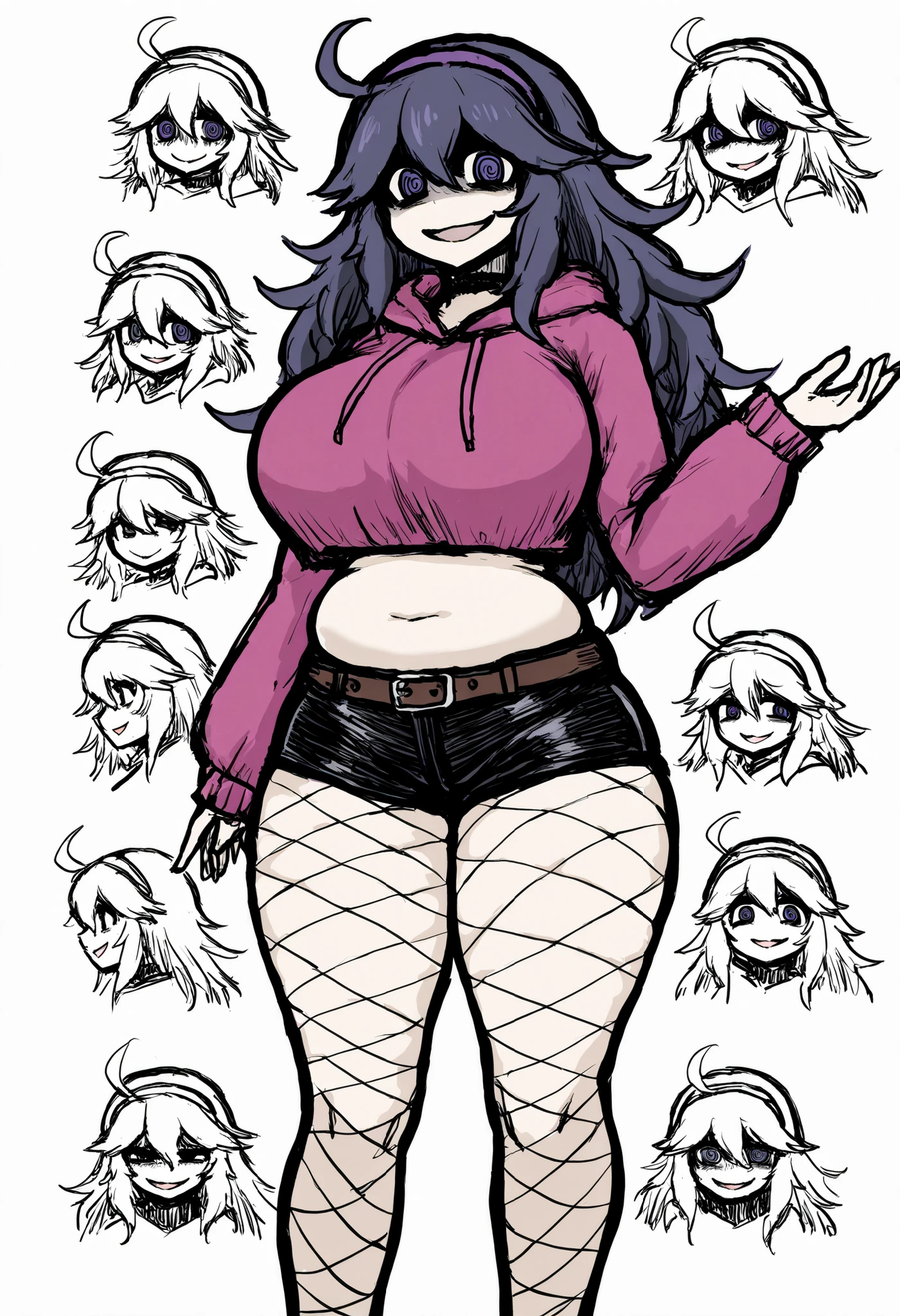 masterpiece, best quality, 1girl, curvy body, wide hips, thick thighs, choker, jewelry, short hair, pink hair,huge breasts, hex maniac, hairband,potbelly, messy hair, purple eyes, purple hair, purple hairband, @ @, standing, (smug), (open mouth), (pink hoodie jumper), (cropped hoodie), black shorts, leather belt, fishnet tights, tight clothes, fishnets, shorts, thighs, solo, hoodie, thighs, looking at viewer, very long sleeves,midriff, smile,sketch drawing,monochrome,white background, expressions, reference sheet, multiple views, character sheet,black souls style
